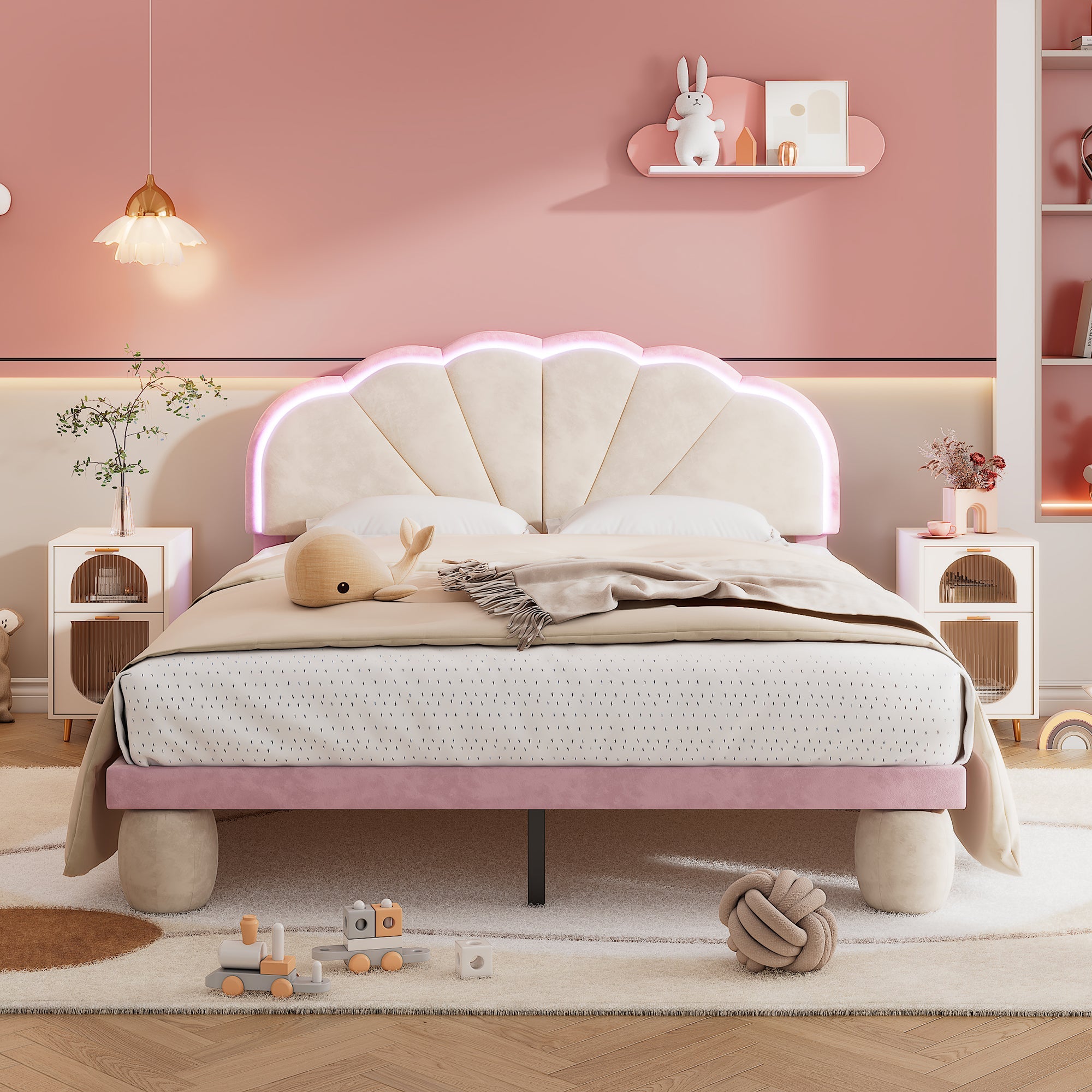Logidon gestoffeerd bed 140x200 beige roze LED-lichtstrips