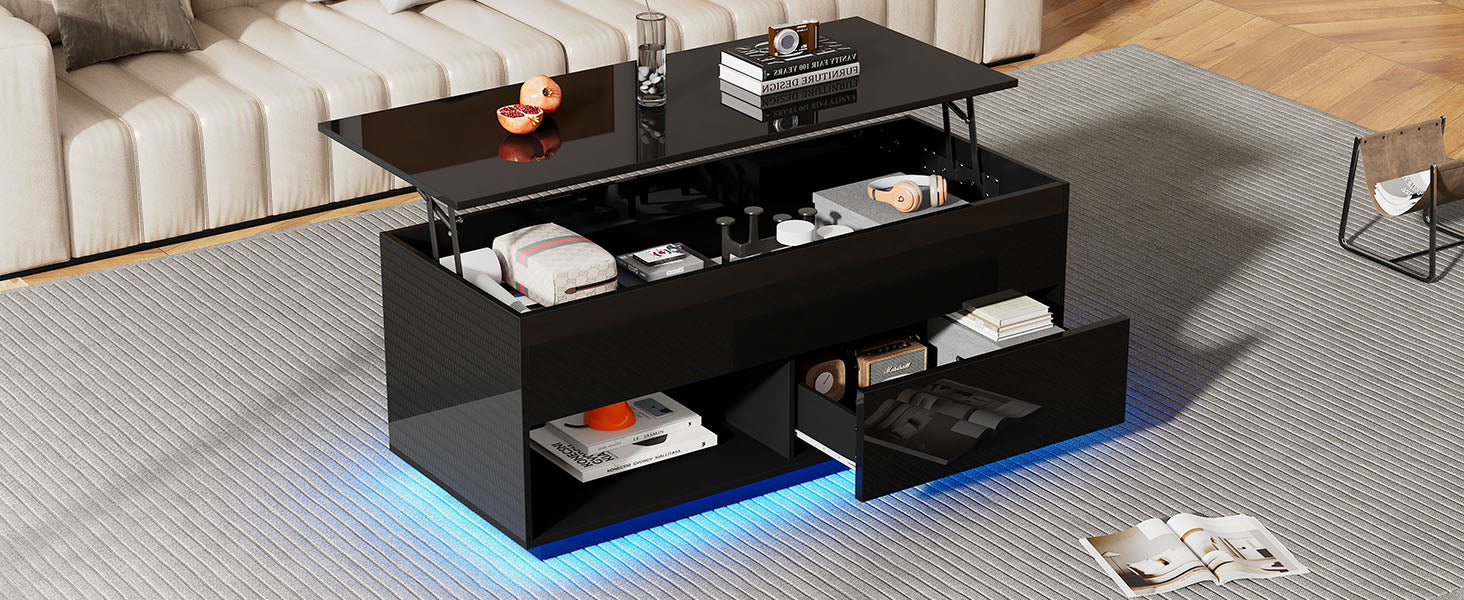 Logidon hoogglans salontafel 100x50x55 cm zwart LED-verlichting