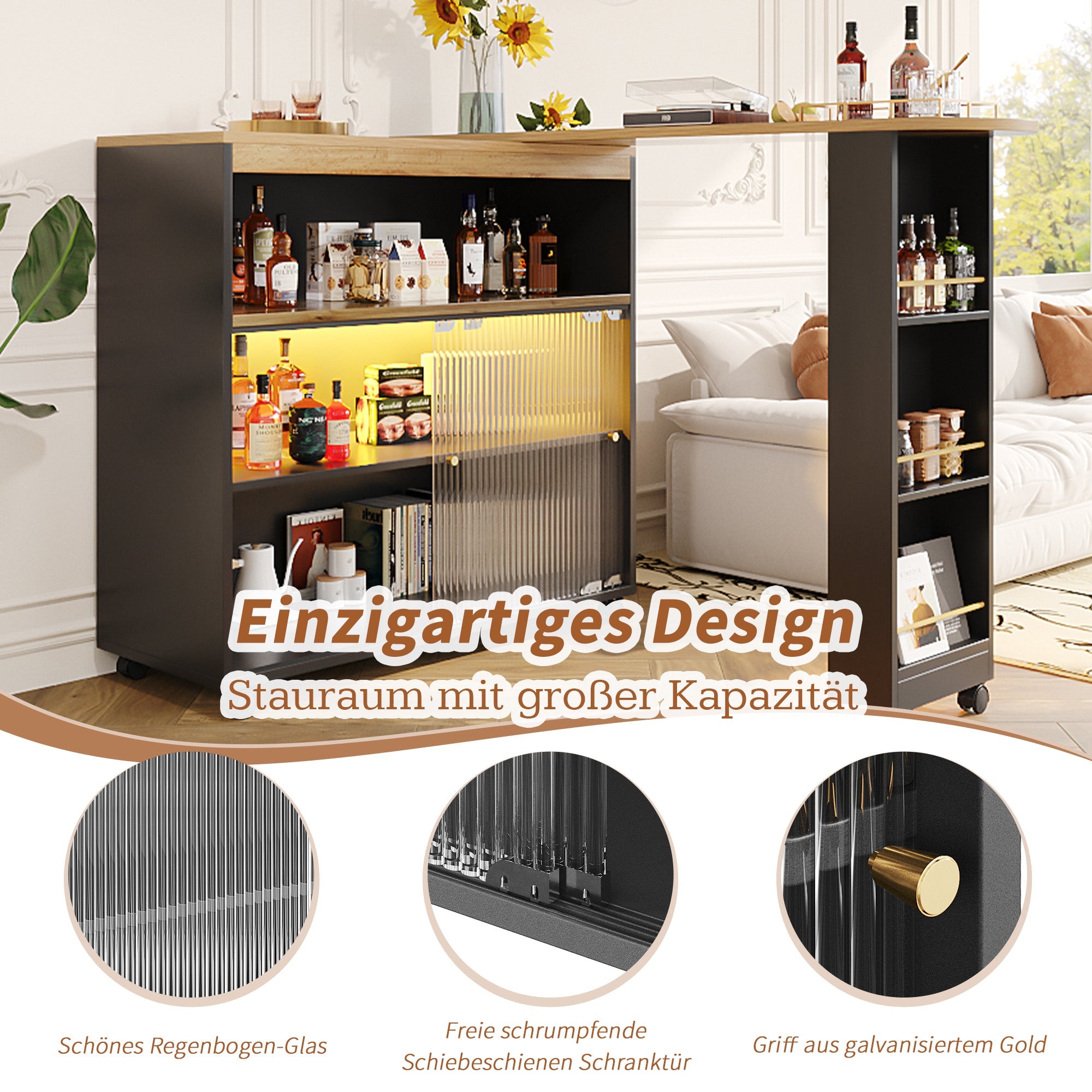 Logidon Uitschuifbare bartafel met opbergruimte en LED 138 tot 204 cm