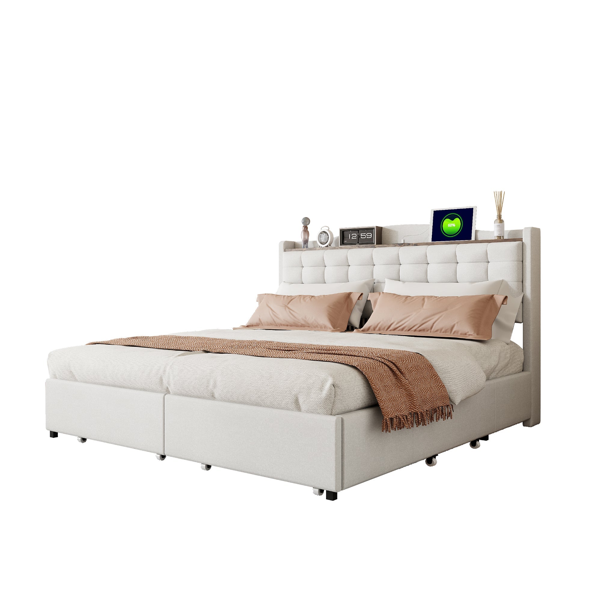 Logidon gestoffeerd bed 160x200 cm beige linnen stof USB-oplaadpoort