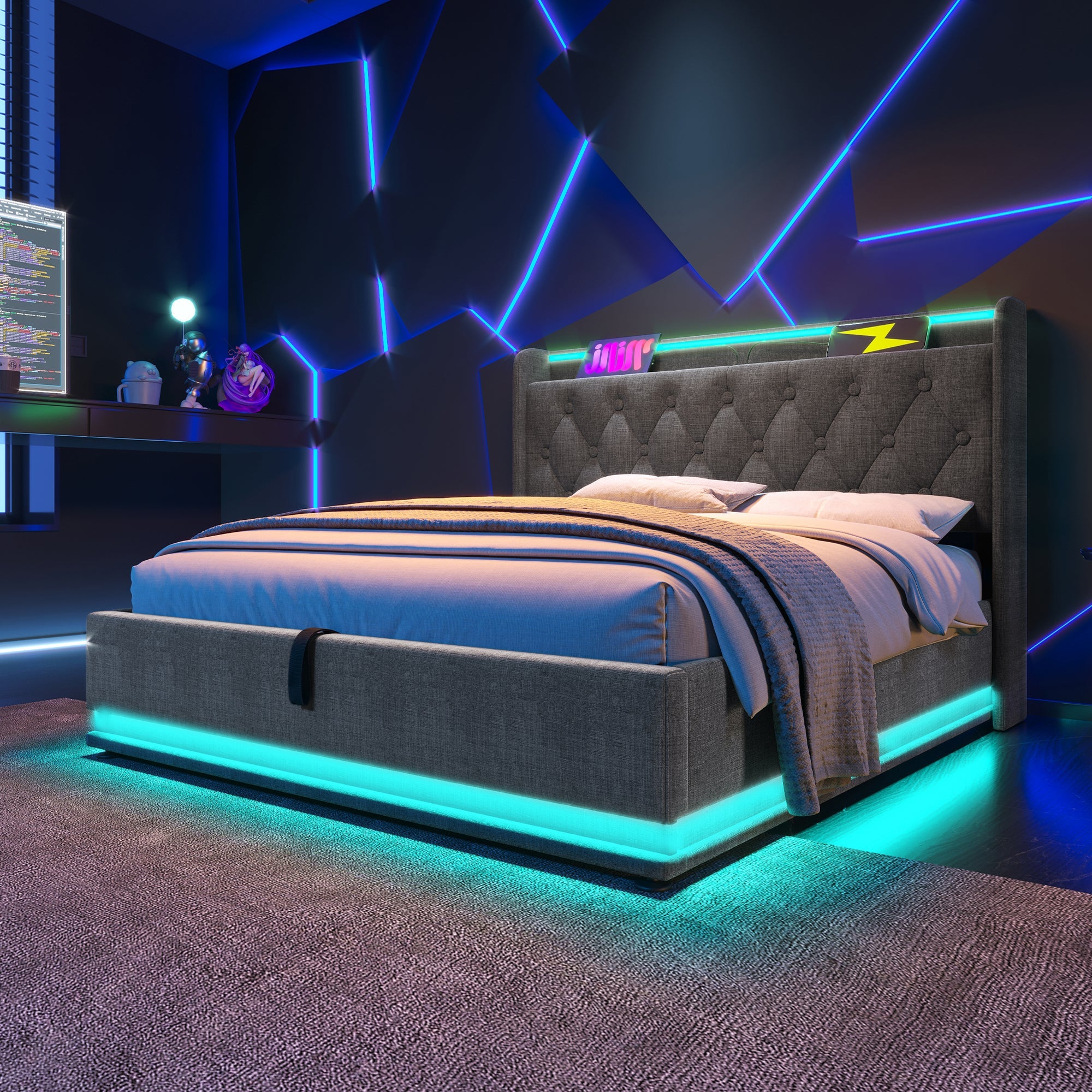 Logidon gestoffeerd bed tweepersoonsbed 180x200 cm grijs linnen LED-verlichting USB C