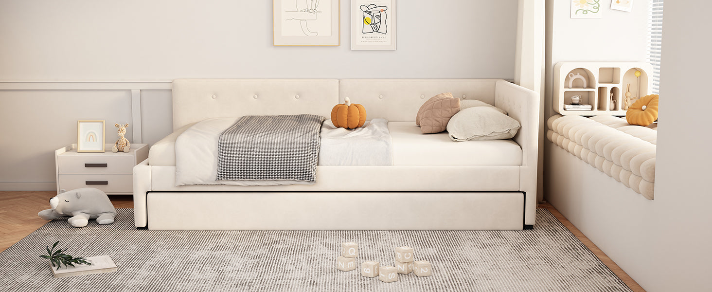 Logidon gestoffeerd bed 90x200 cm beige met lattenbodem en hoofdbord