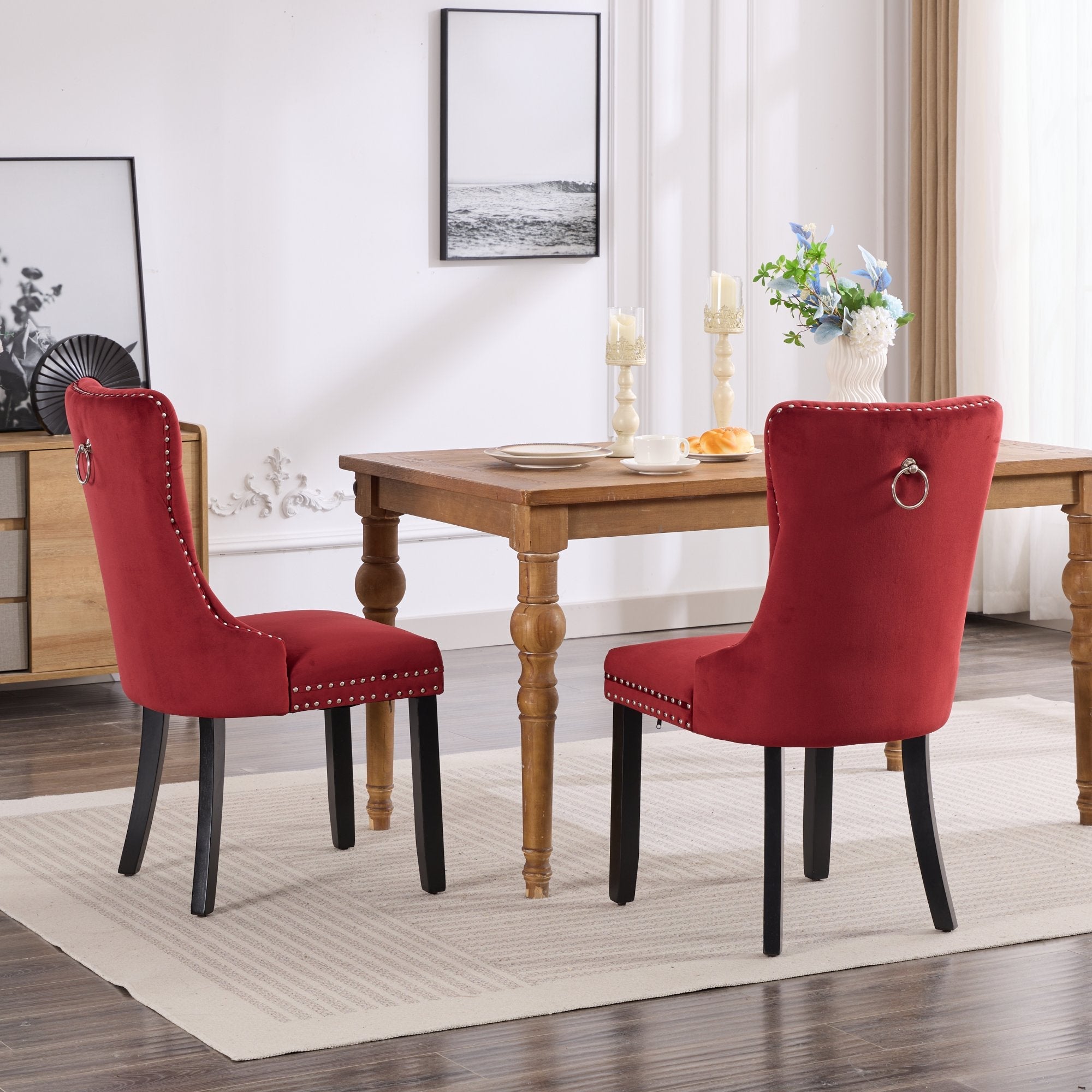 Logidon Velvet Dining Chair Set 2 Burgundy Nail Trim