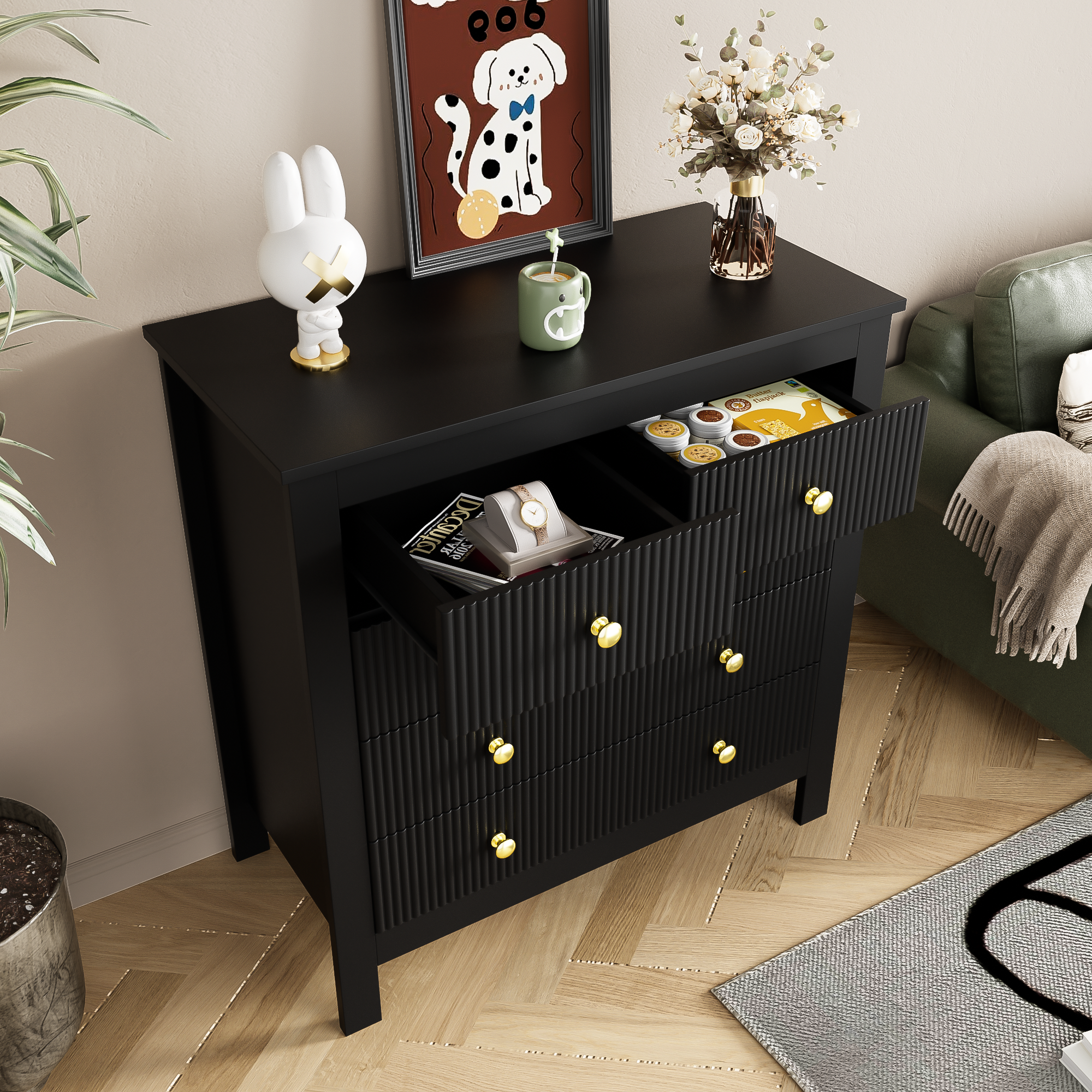 Logidon Dressoir 5 Laden Zwarte Ladekast Met Gouden Handgrepen 79 cm
