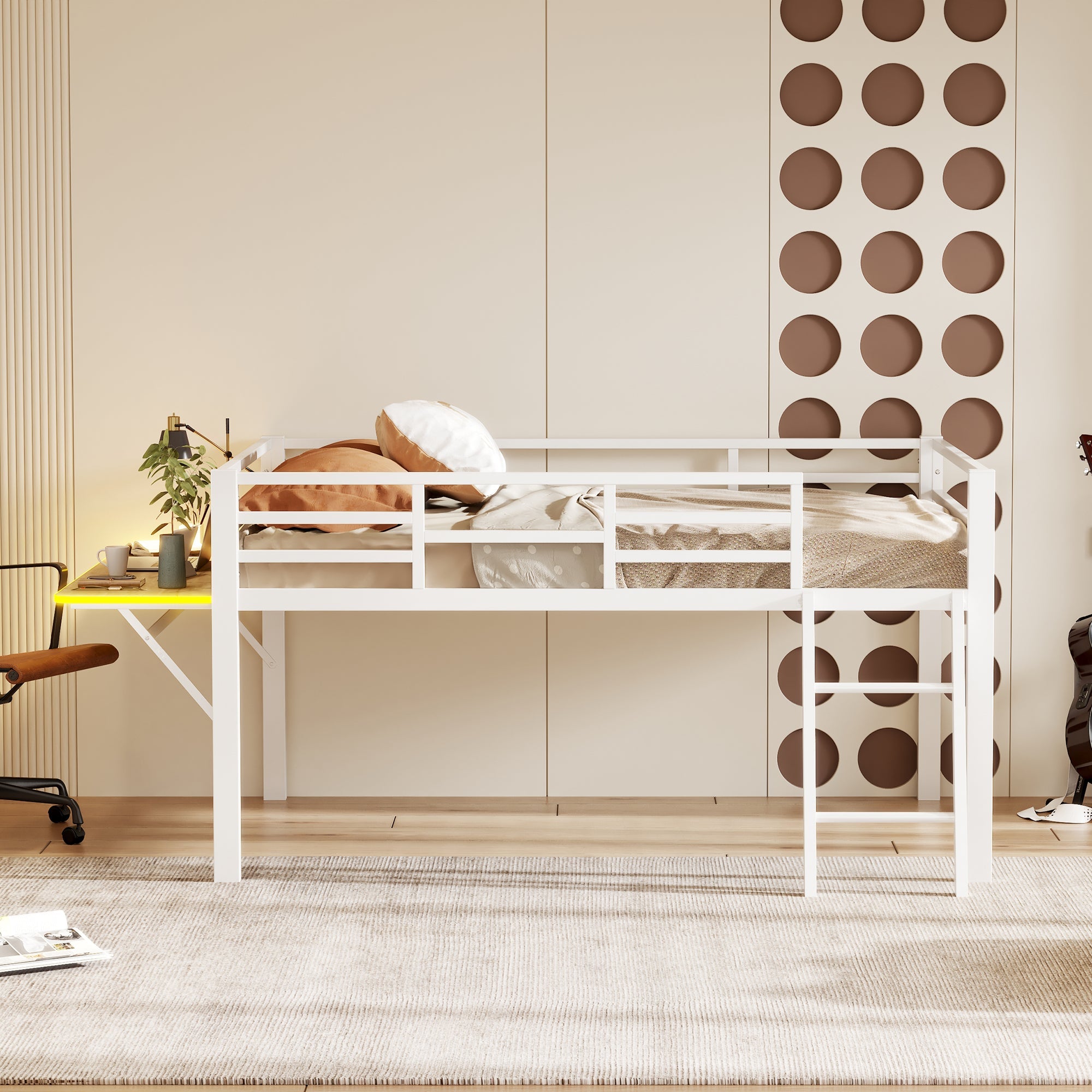 Logidon vlakbed metalen bed 140x200 witte reling LED-lichtstrip