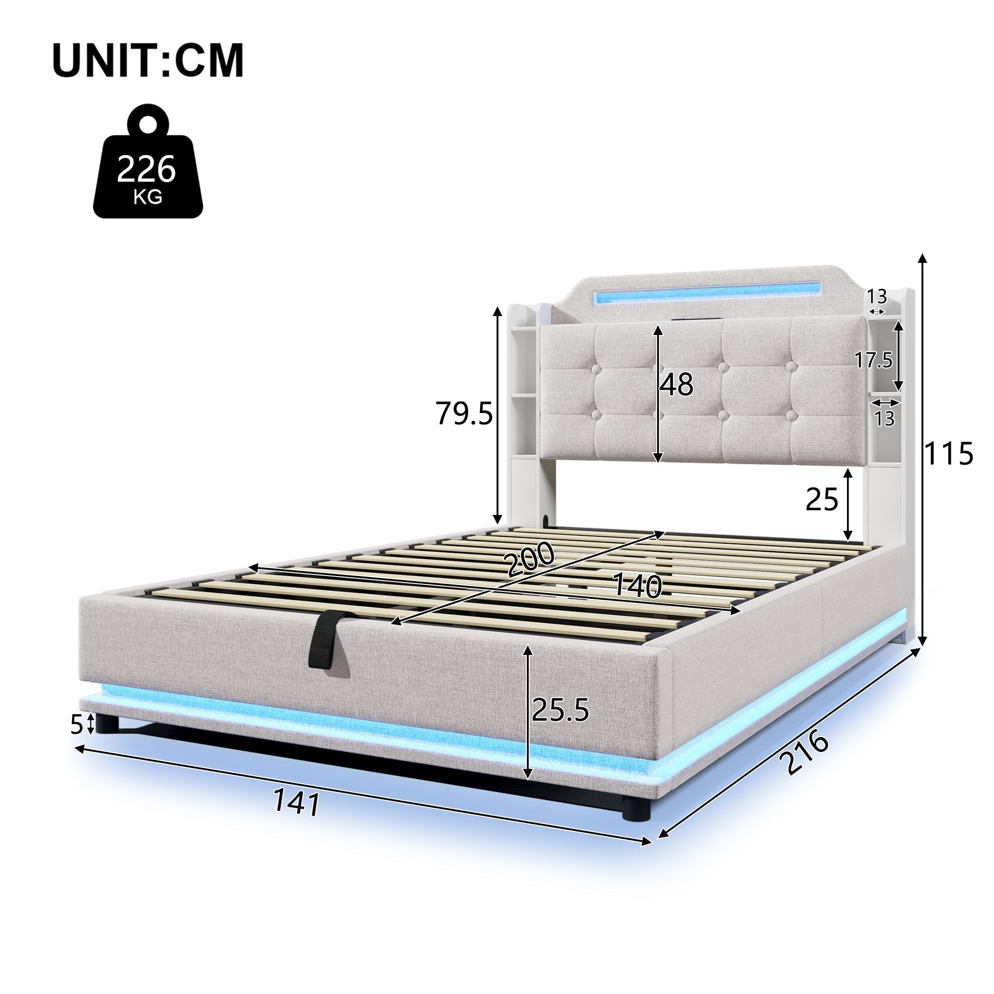 Logidon gestoffeerd bed 140x200 beige met LED lichtstrip en opbergruimte