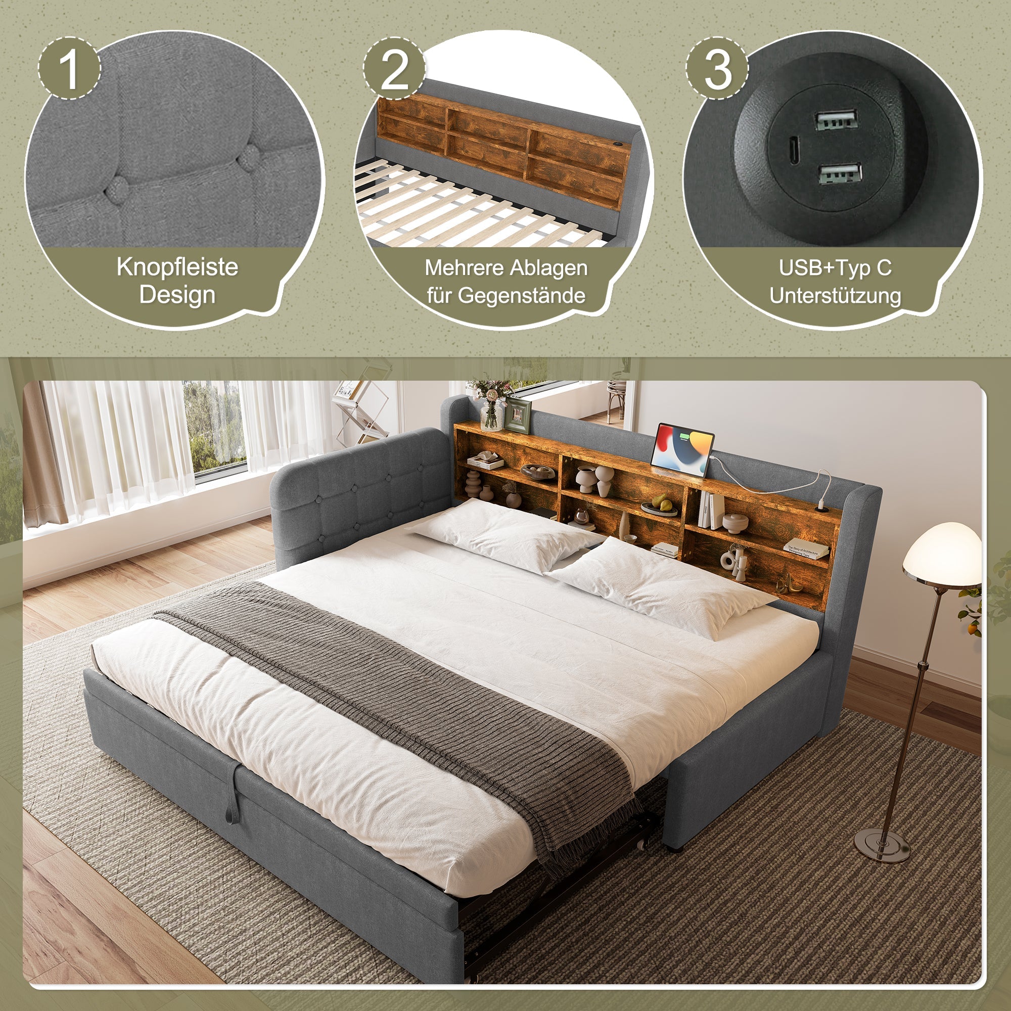 Logidon Daybed 90x200cm grijs linnen uitschuifbare slaapbank USB Type C