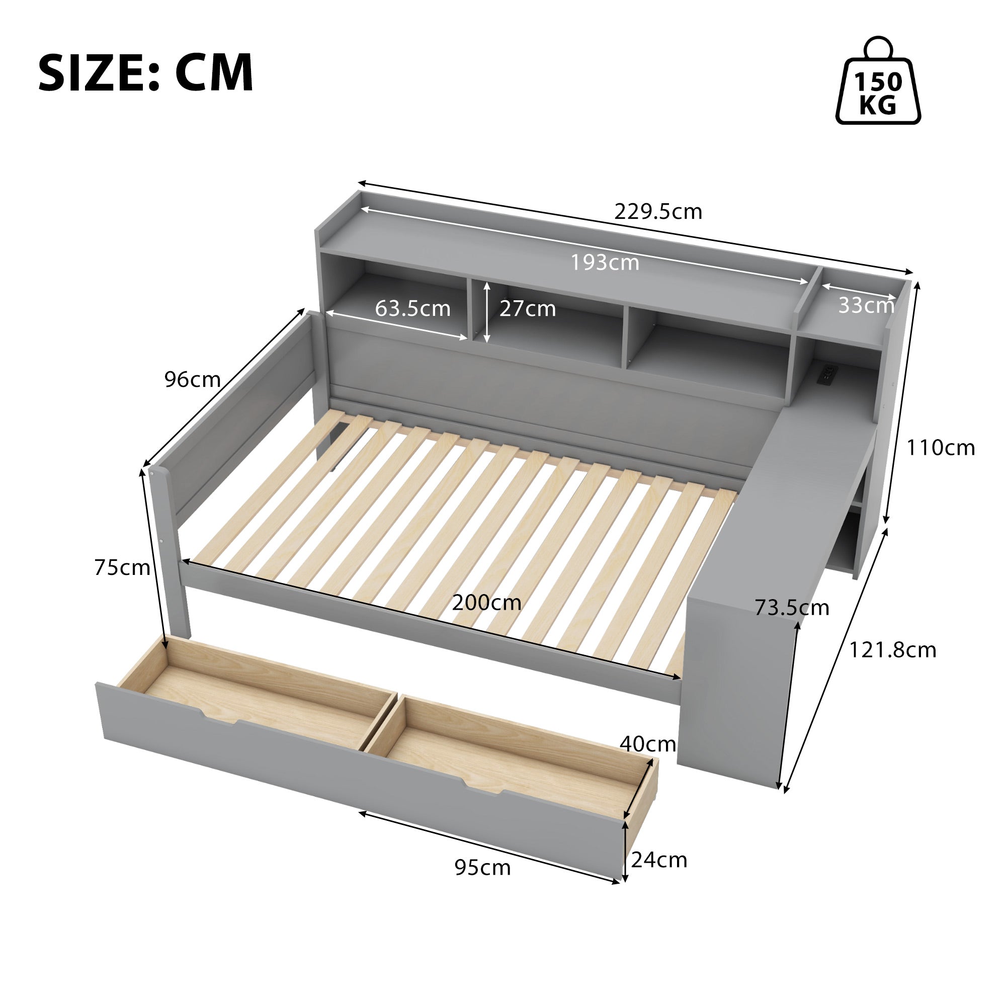 Logidon slaapbank 90x200 grijs USB-poort 2 lades