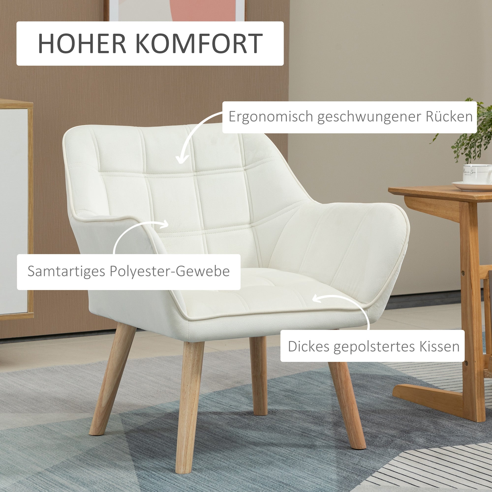 Logidon enkele stoel relaxstoel fluweellook houten poten crème