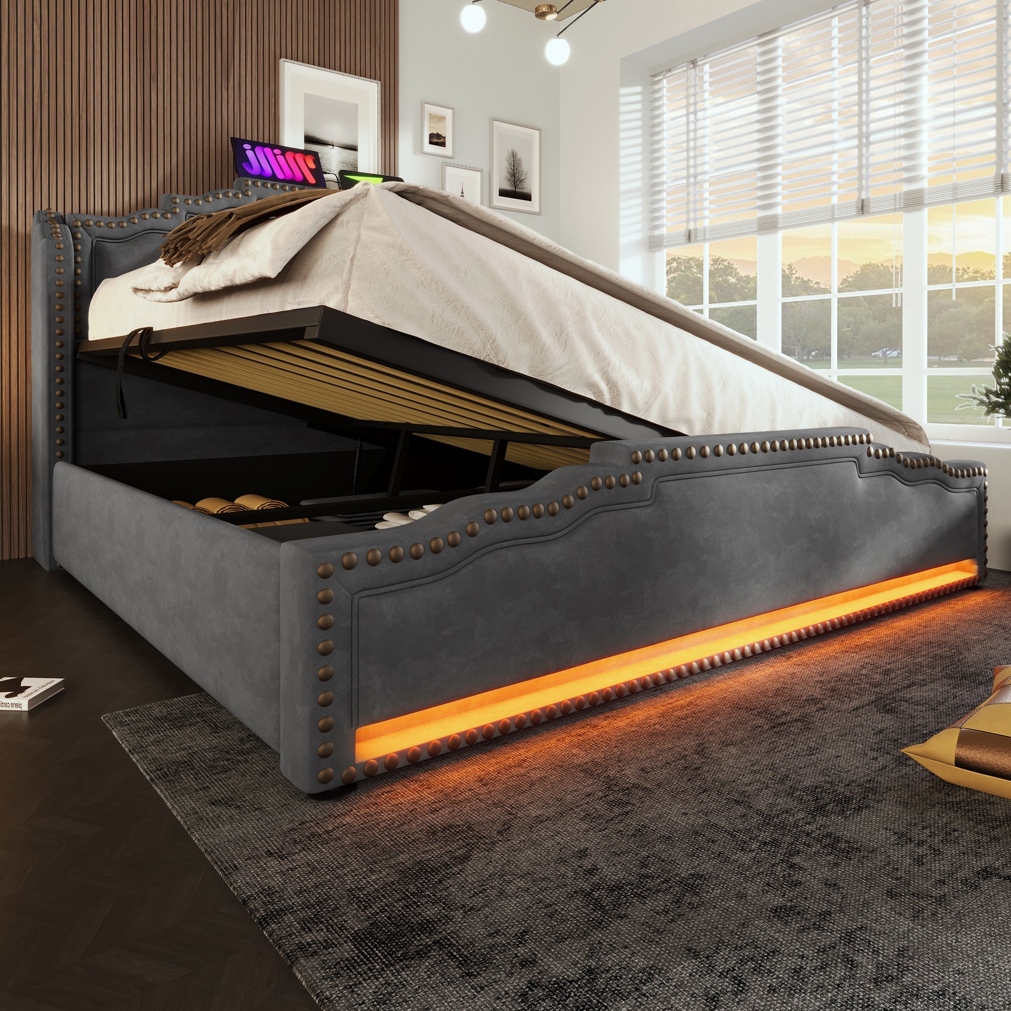 Logidon gestoffeerd bed 160x200 grijs fluweel met opbergruimte LED USB C