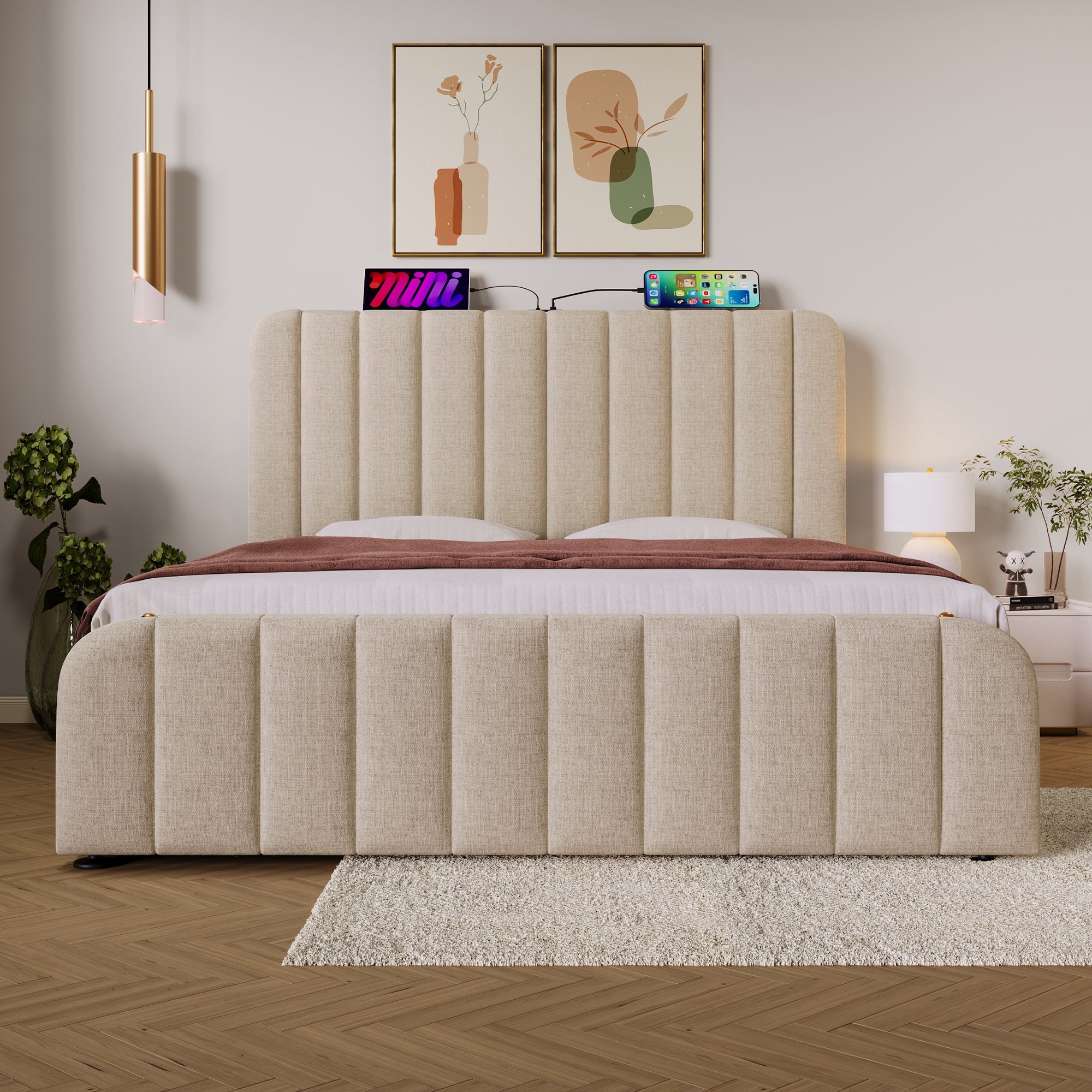 Logidon gestoffeerd bed 160x200 beige linnen met hoofdeinde gouden rand USB-C