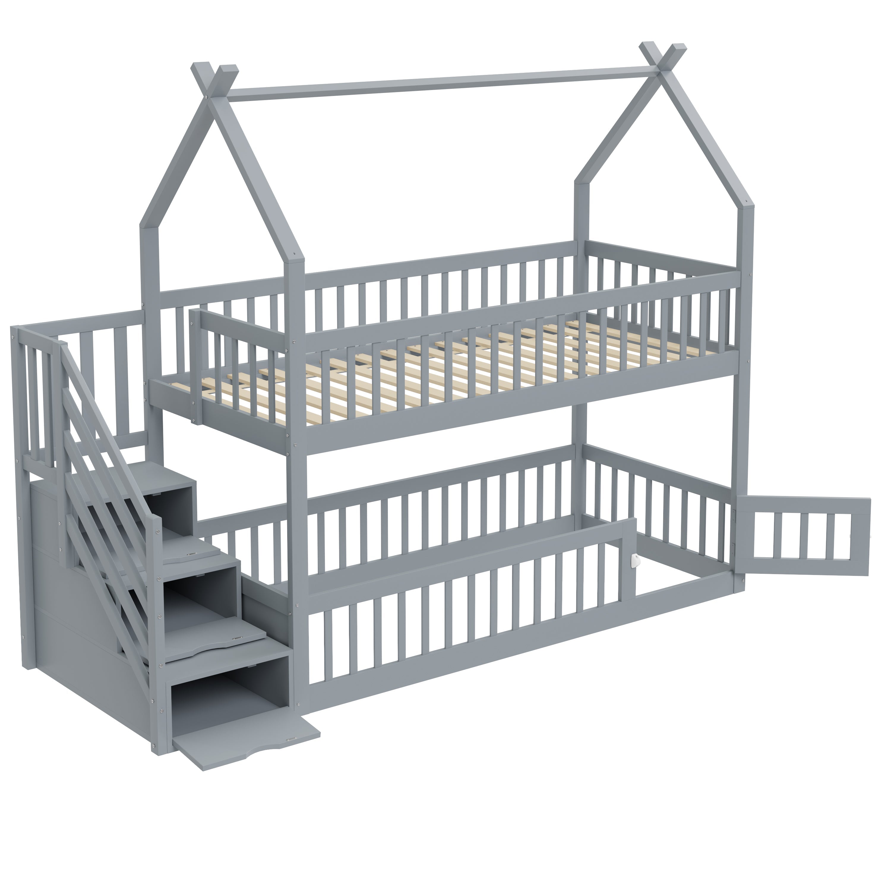 Logidon Bunk Bed 90x200 Gray With Roof Safety Stairs Storage Space