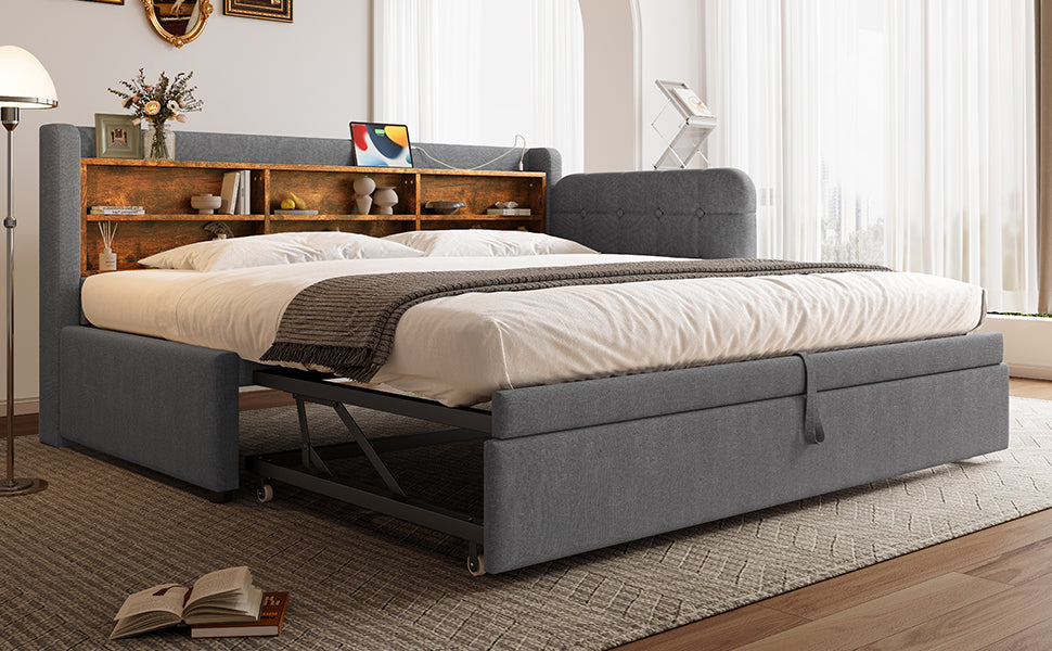 Logidon Daybed 90x200cm grijs linnen uitschuifbare slaapbank USB Type C