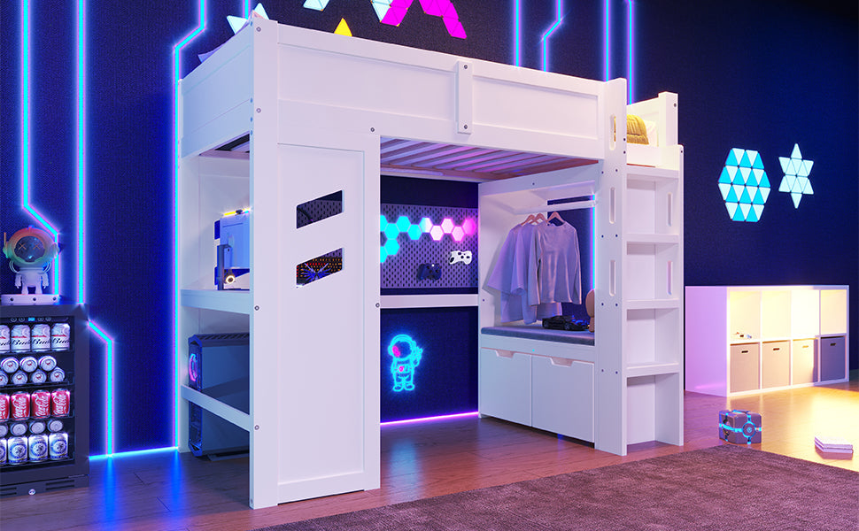 Logidon hoogslaper 140x200 cm wit gamingbed met bureau LED
