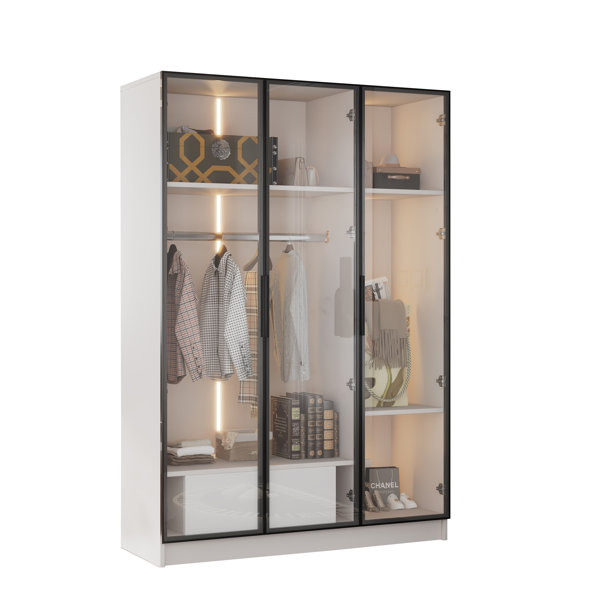 Logidon Witte kledingkast 110x50x160 cm met 3 glazen deuren LED