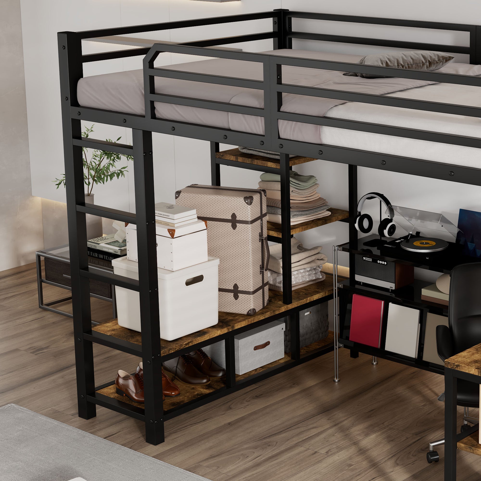 Logidon hoogslaper 120x200 cm metaal zwart met bureau en plank