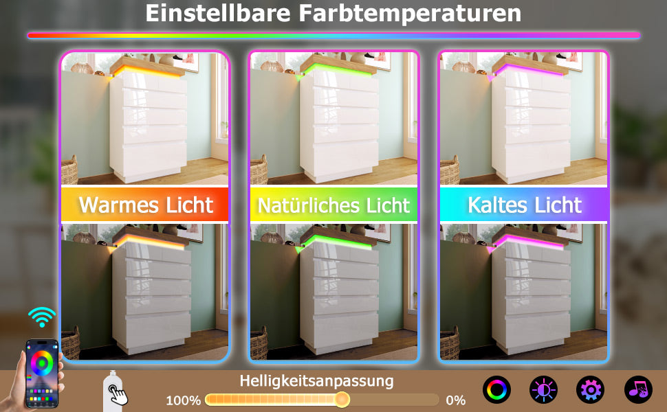Logidon sideboard 6 drawers white 115x73x39 cm LED app control