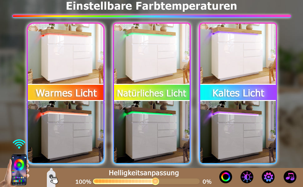 Logidon high gloss chest of drawers white LED lighting app control 2 doors