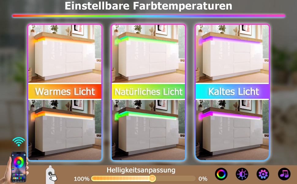 Logidon Wit Dressoir Met LED Verlichting 2 Deurs 3 Lades