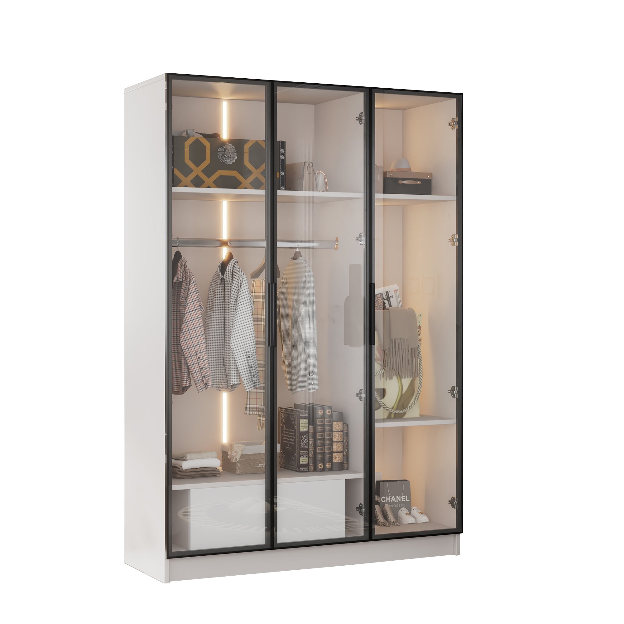 Logidon Witte kledingkast 110x50x160 cm met 3 glazen deuren LED