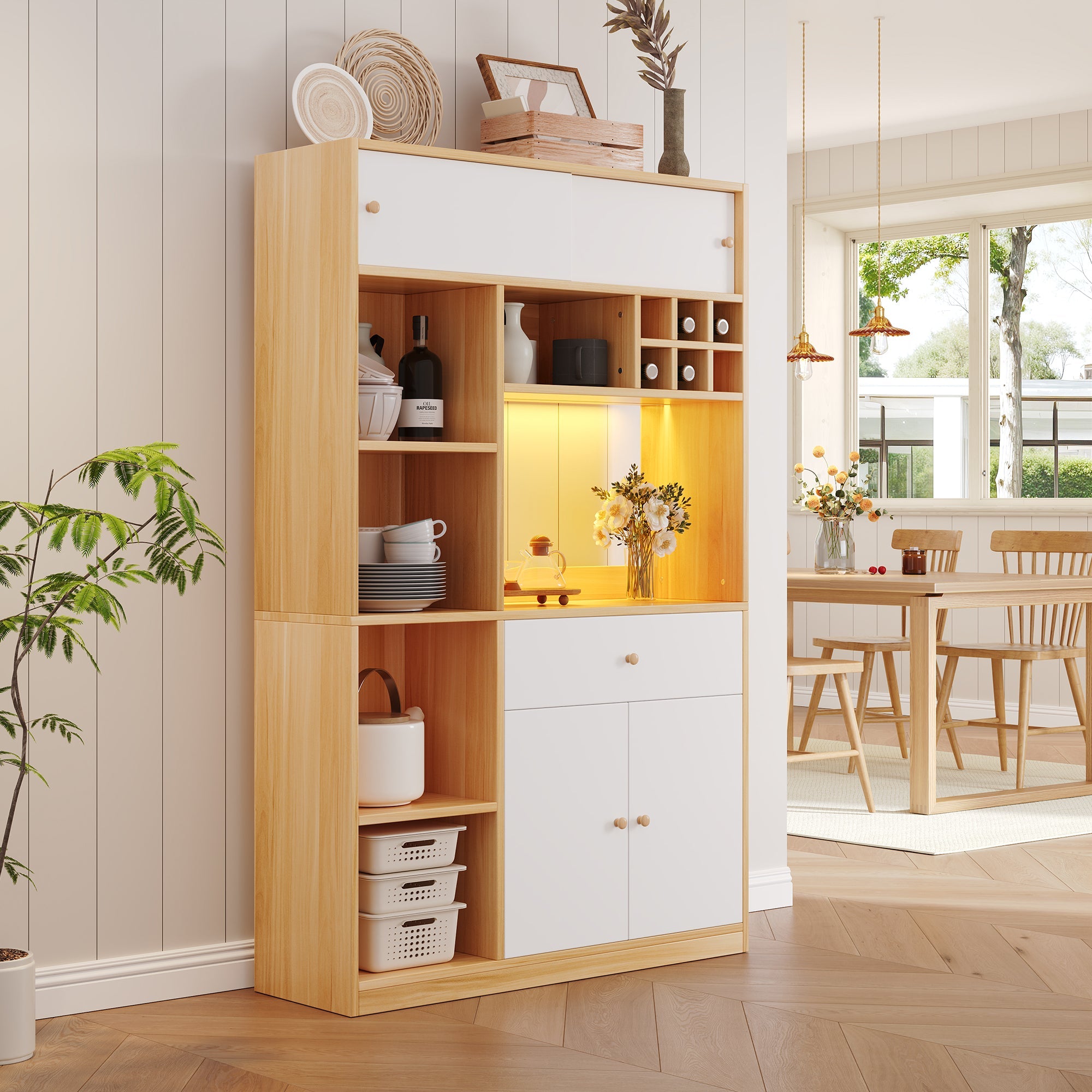 Logidon keukenkast buffet met LED-verlichting, 115x35x180 cm, naturel