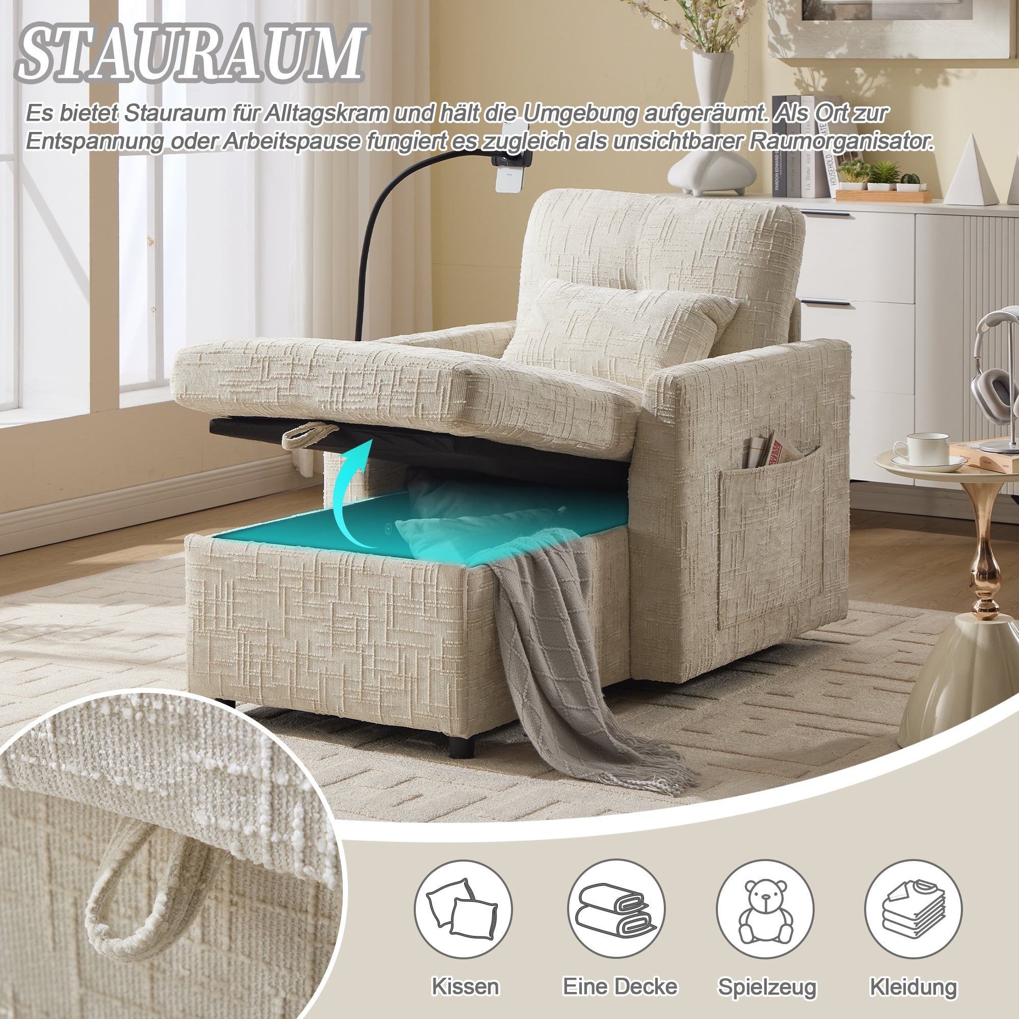 Logidon loungerstoel beige chenille met verstelbare rugleuning
