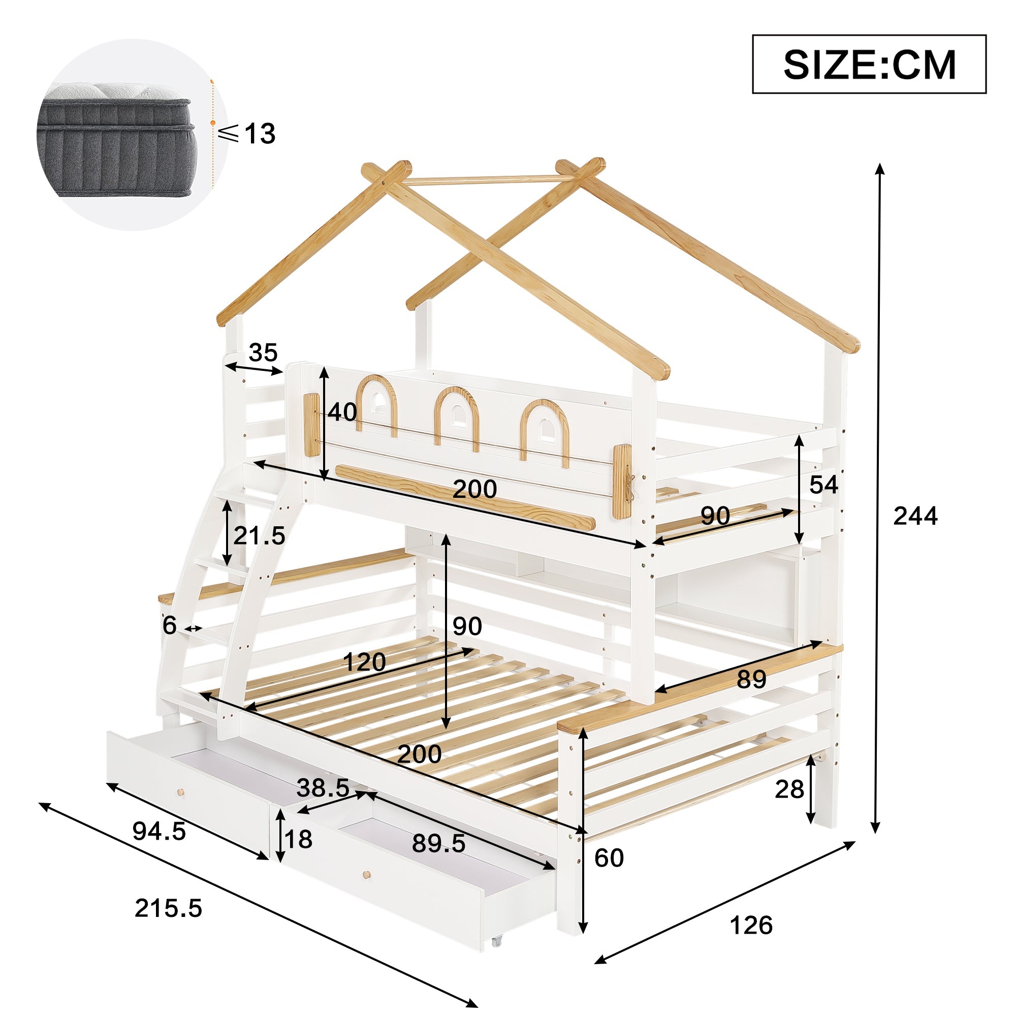 Logidon stapelbed wit naturel 90x200cm en 120x200cm twee lades