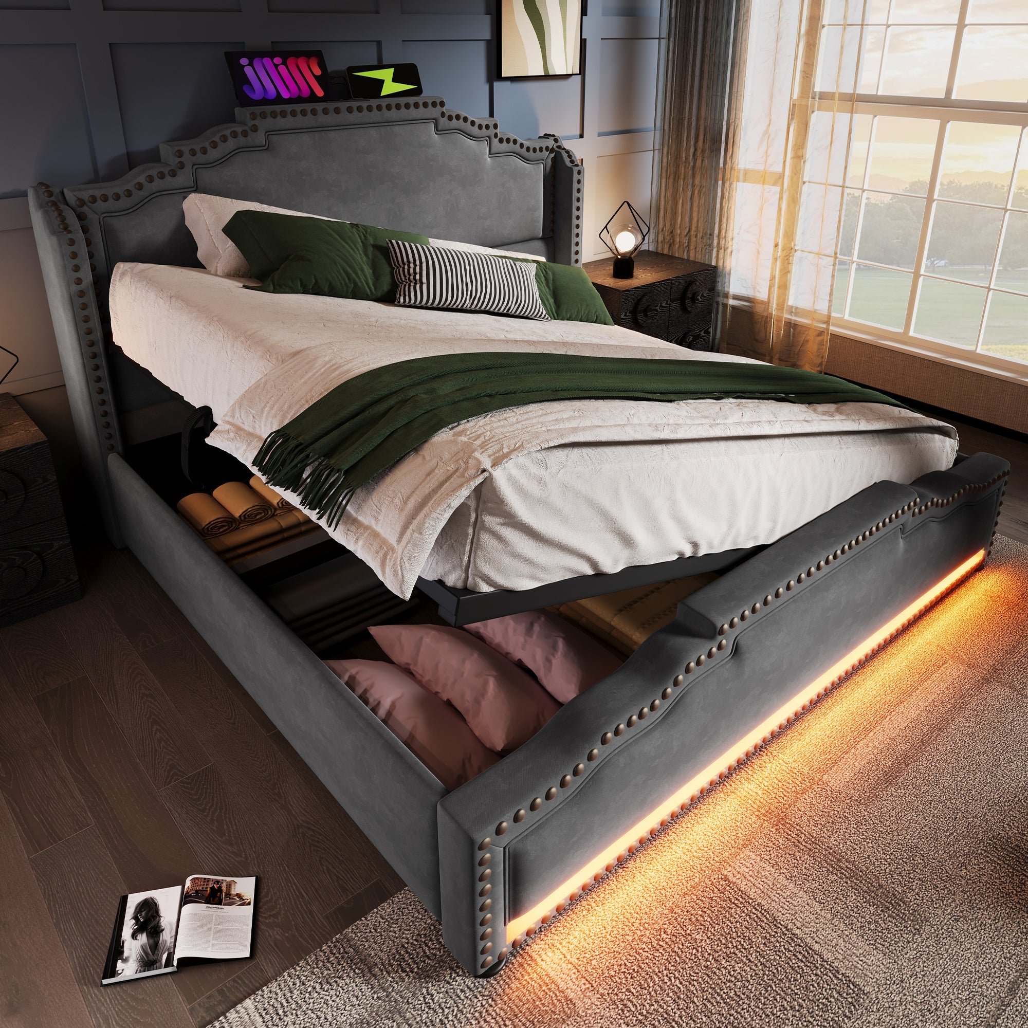 Logidon gestoffeerd bed 160x200 grijs fluweel met opbergruimte LED USB C