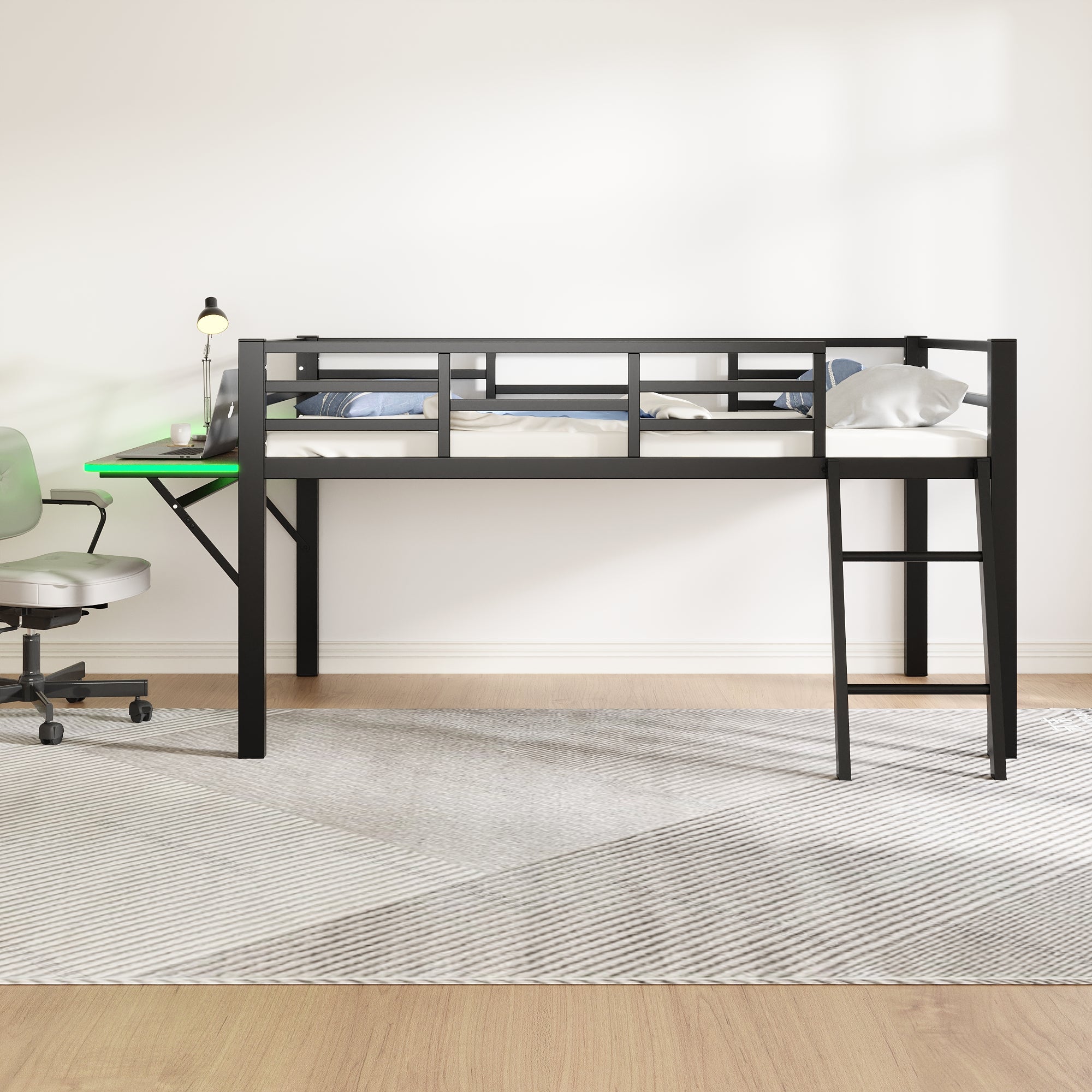 Logidon hoogslaper 90x200 zwart met bureau en LED-lichtstrip
