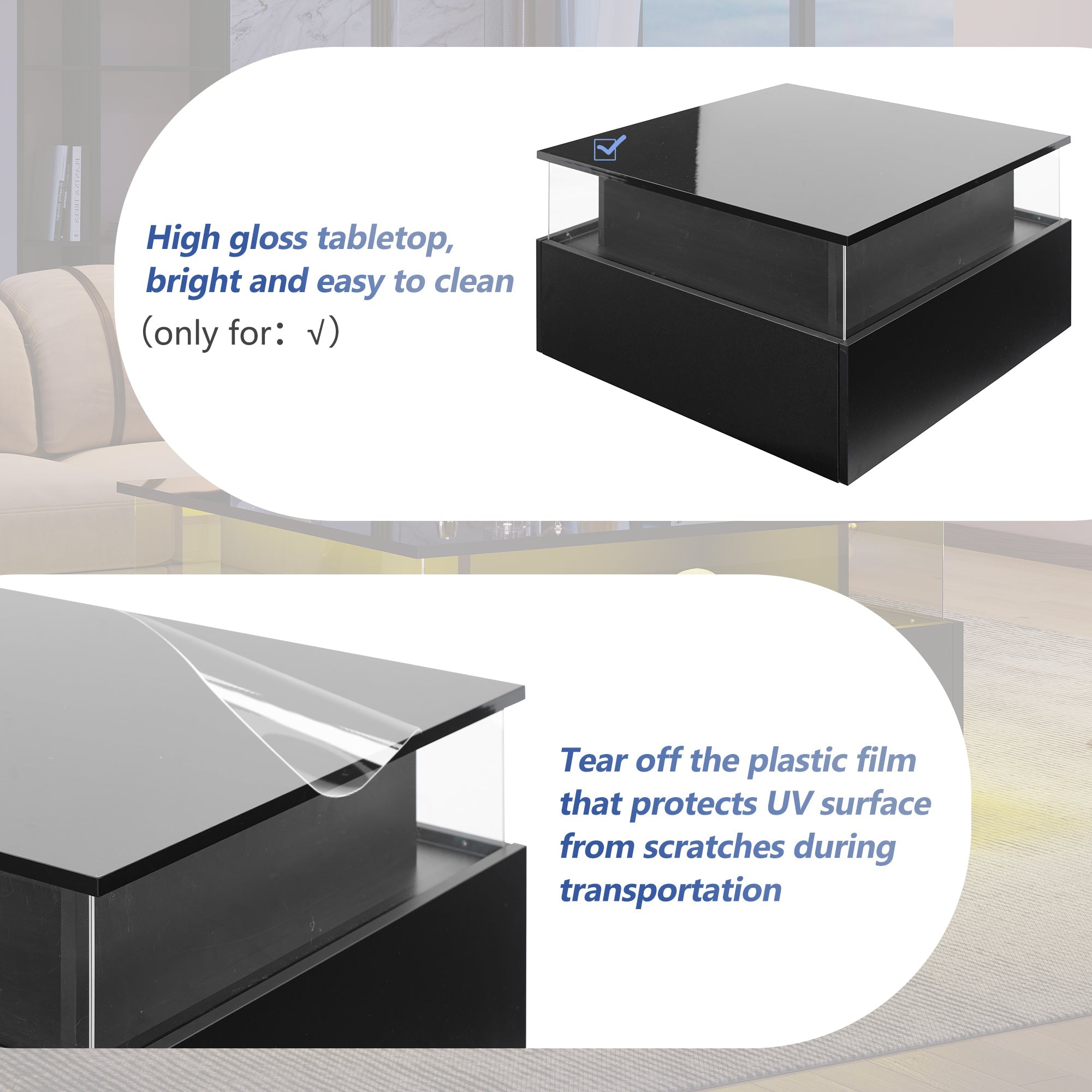 Logidon hoogglans LED salontafel 90x55x45 cm zwart 2 lades