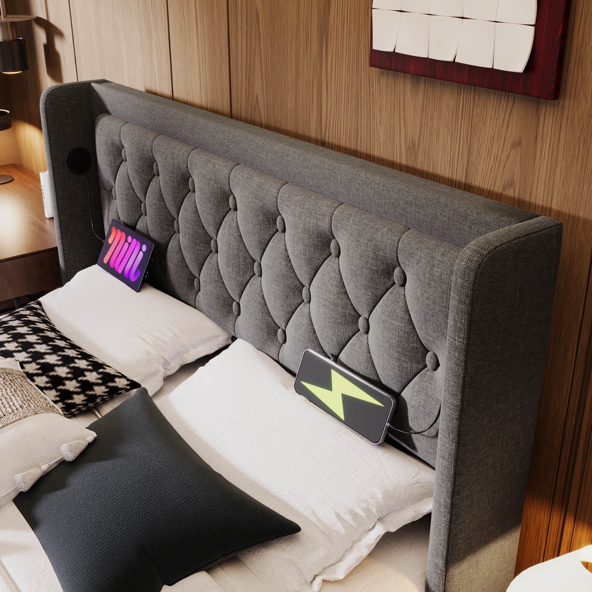 Logidon gestoffeerd bed 160x200 cm grijs fluweel opbergruimte USB-C oplaadfunctie