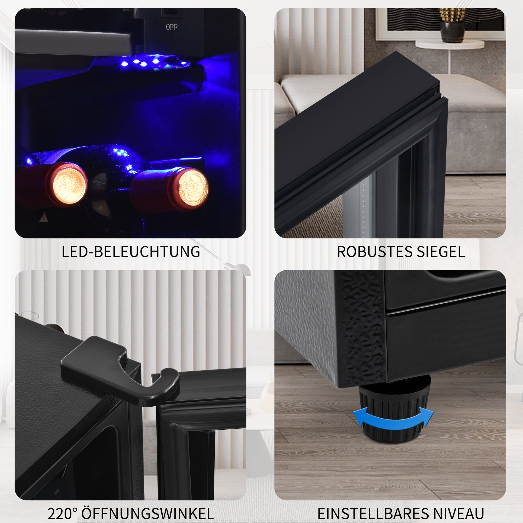 Logidon 76L minikoelkast Zwart 70L koelgedeelte, 6L vriesgedeelte, LED