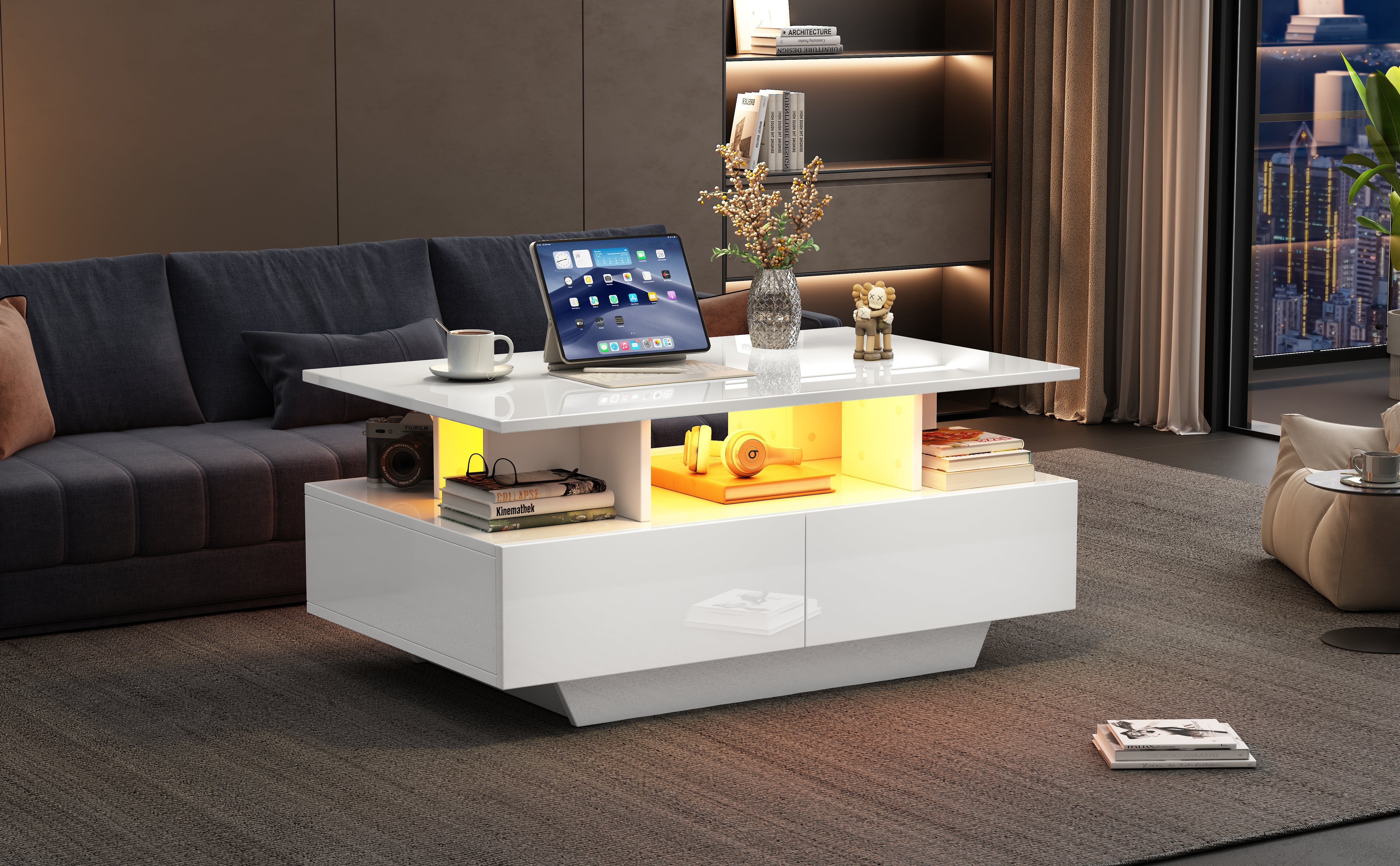 Logidon hoogglans salontafel LED, 2 lades, 90x55x41 cm wit