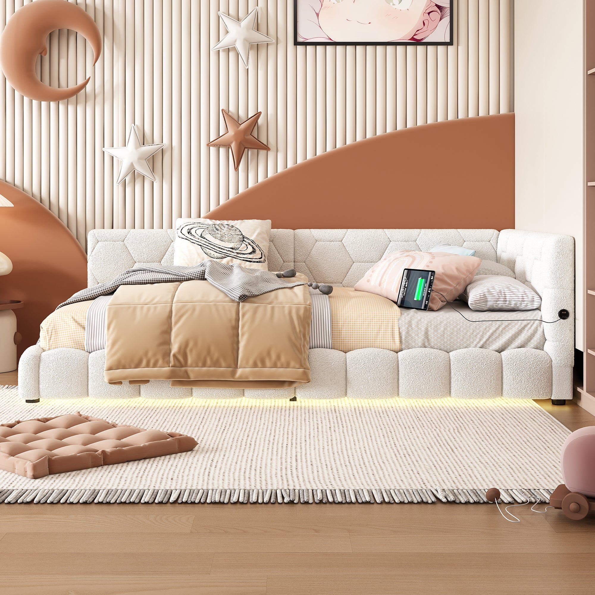 Logidon Daybed 90x200 cm slaapbank wit fluweel lattenbodem USB C