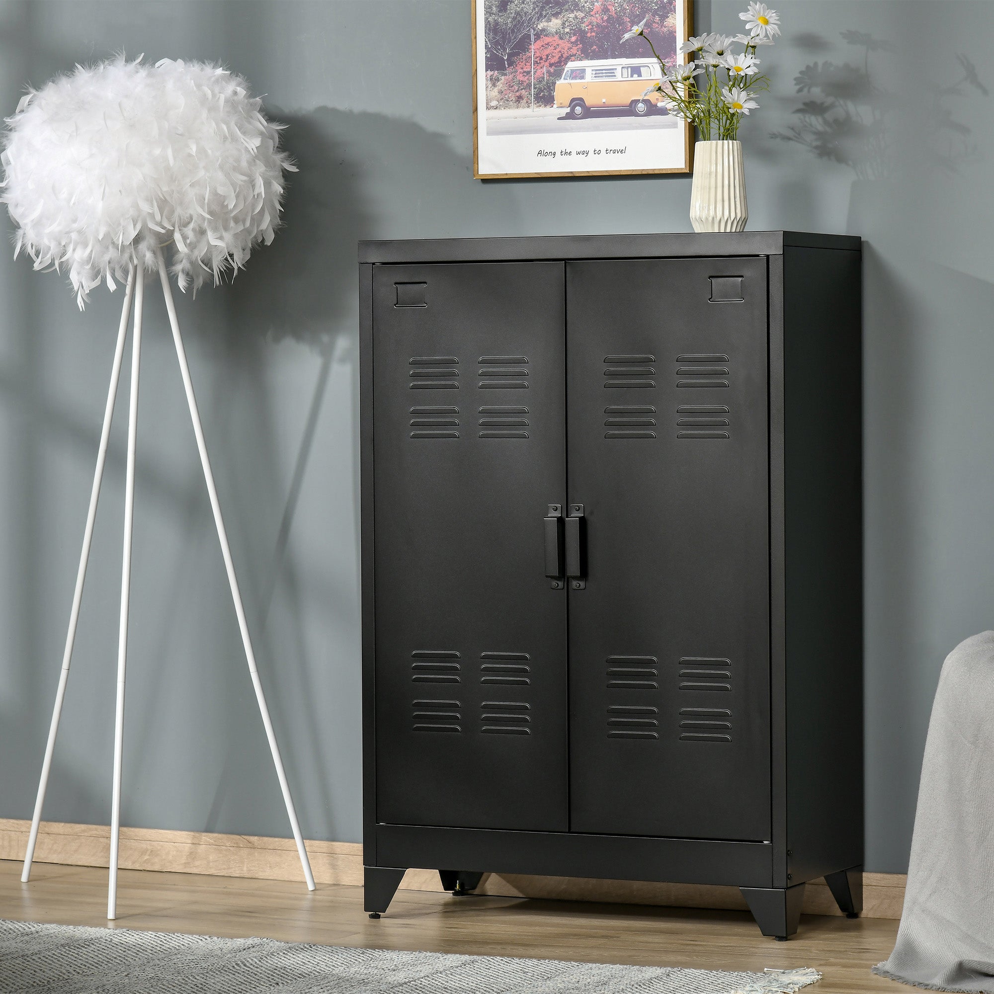 Logidon archiefkast dressoir met lattendeuren zwart 75x33x110 cm