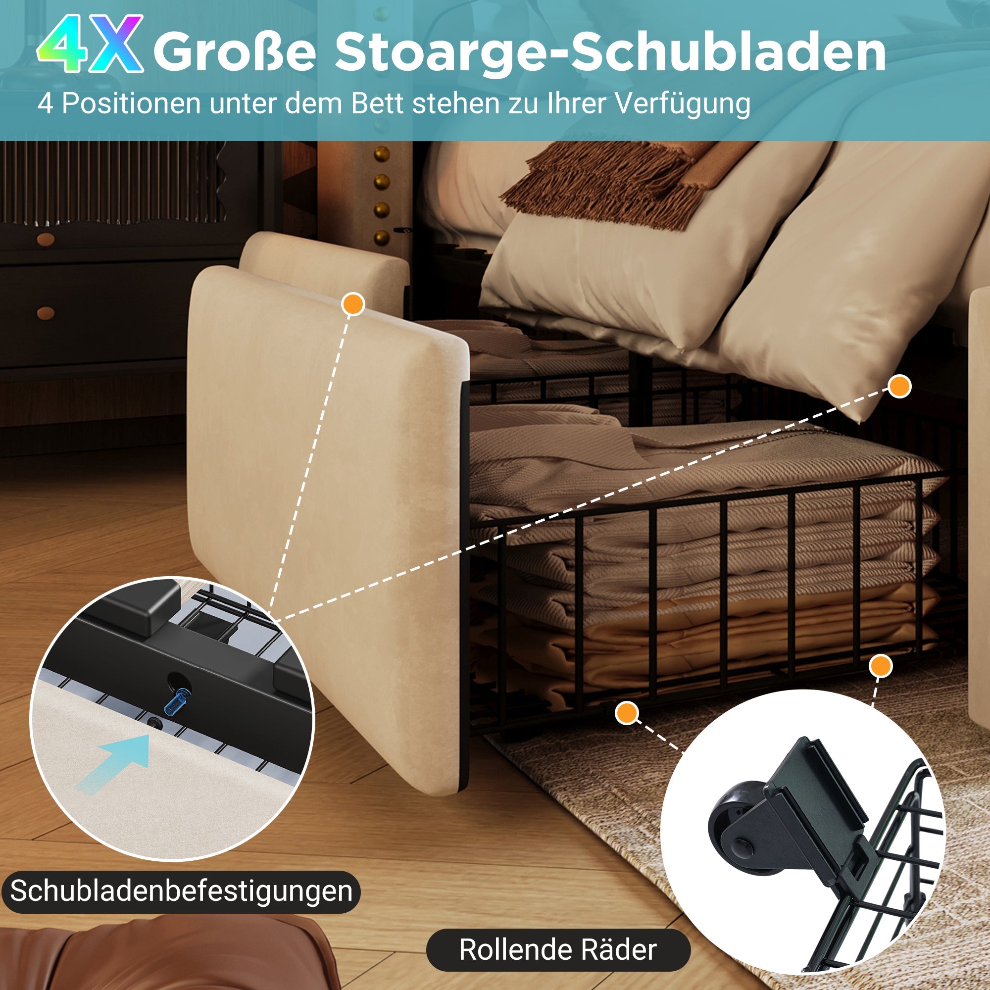 Logidon gestoffeerd bed 160x200 beige fluweel met 4 lades LED USB C