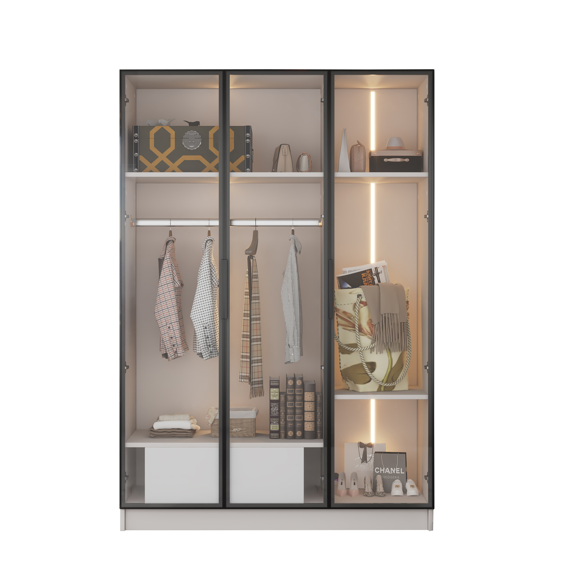 Logidon Witte kledingkast 110x50x160 cm met 3 glazen deuren LED