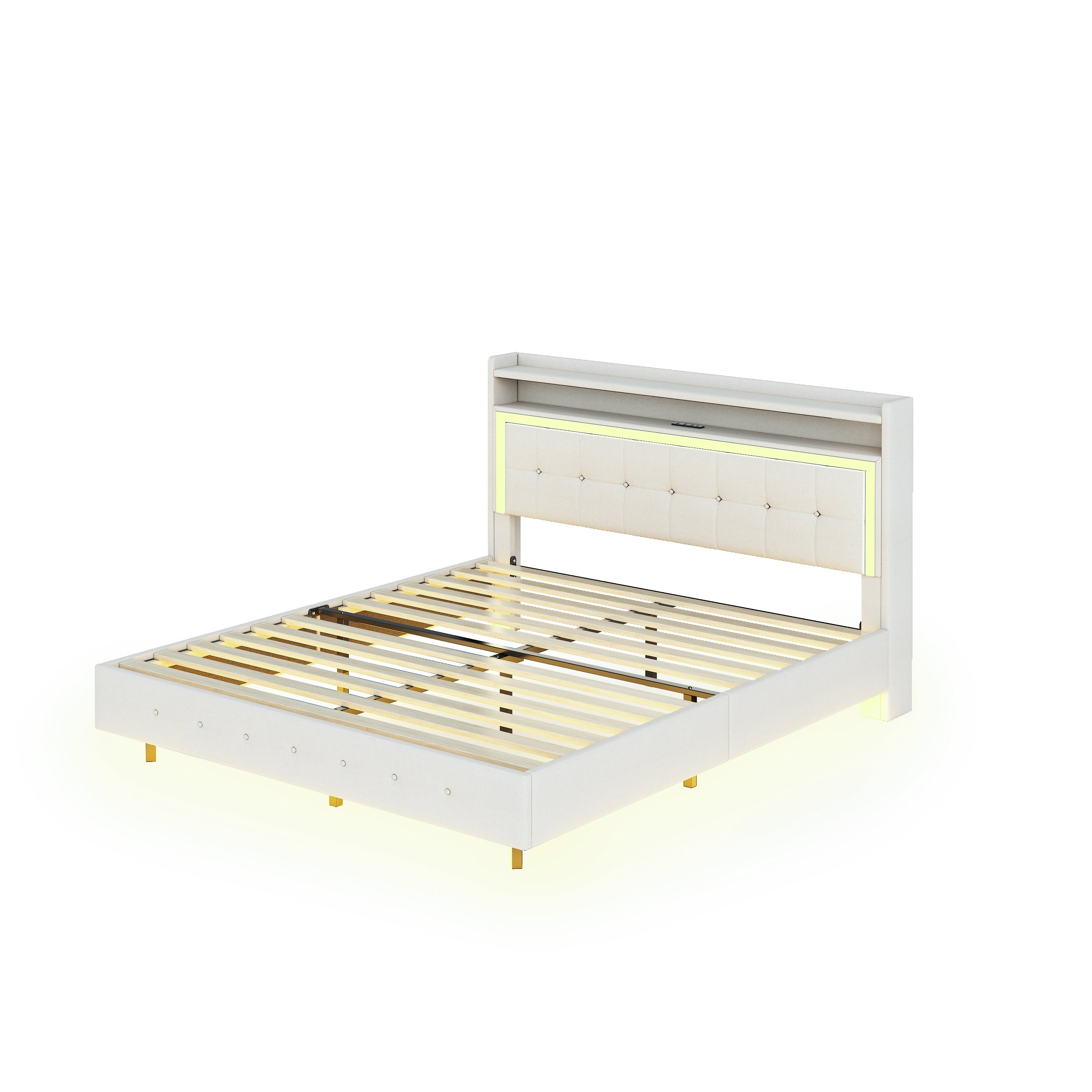 Logidon gestoffeerd bed 140x200 beige linnen met USB-aansluiting LED-verlichting