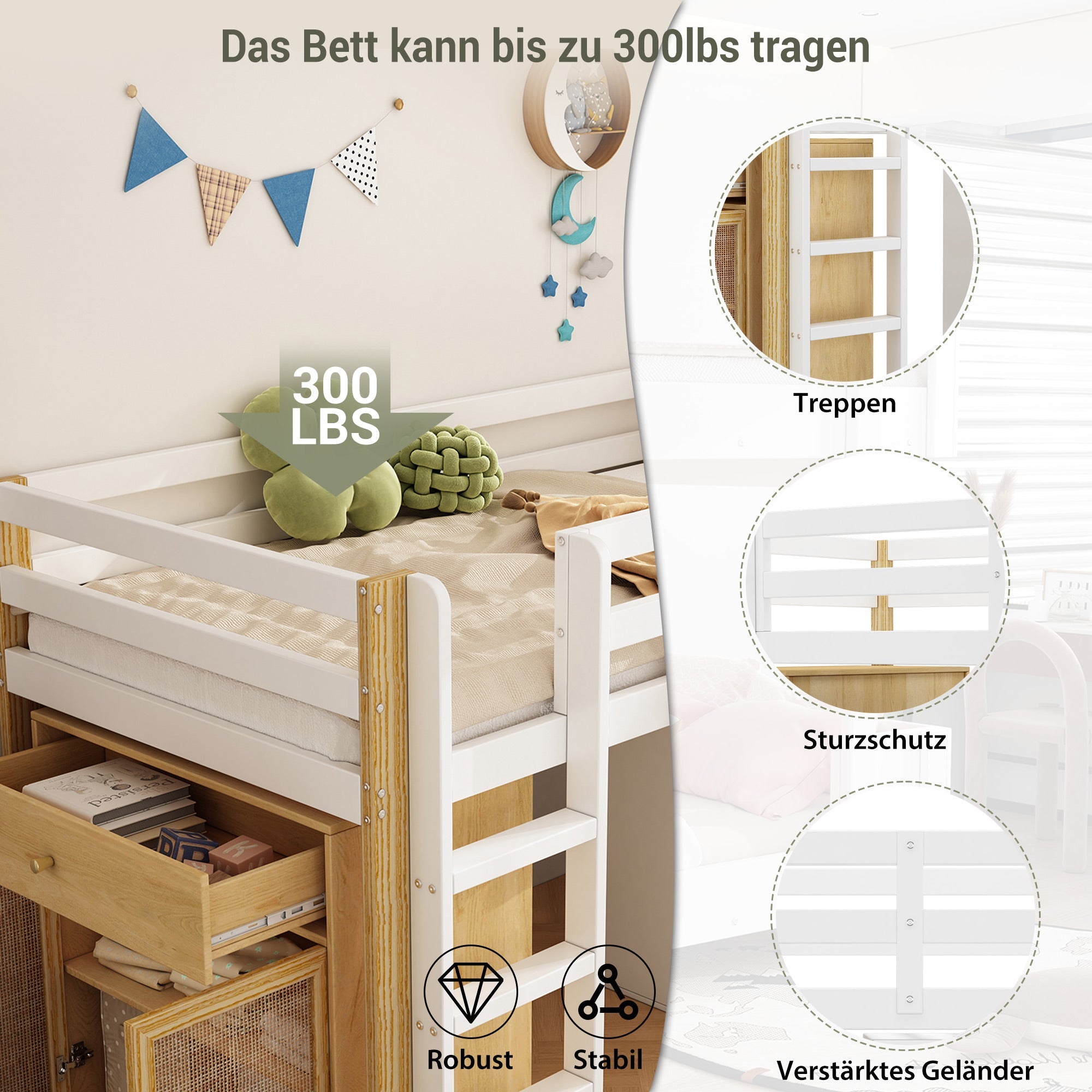 Logidon kinderhoogslaper 90x200 cm naturel wit met opbergruimte