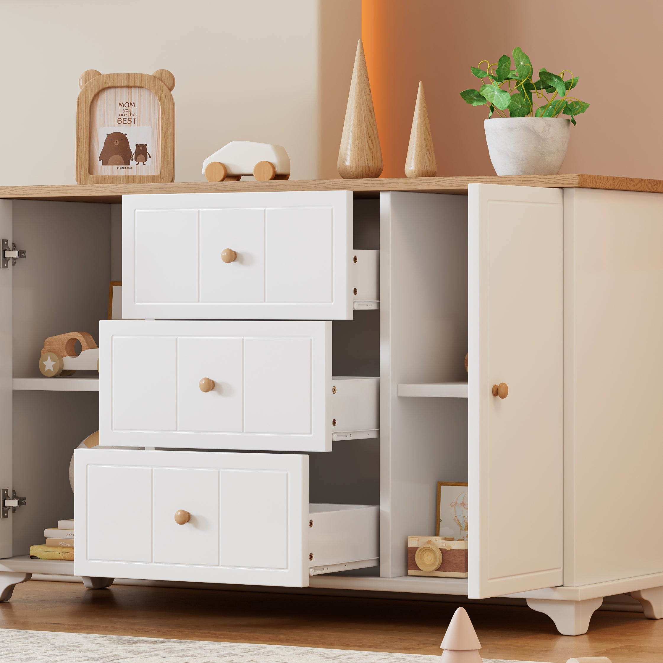 Logidon classic chest of drawers white natural with 3 drawers and 2 doors