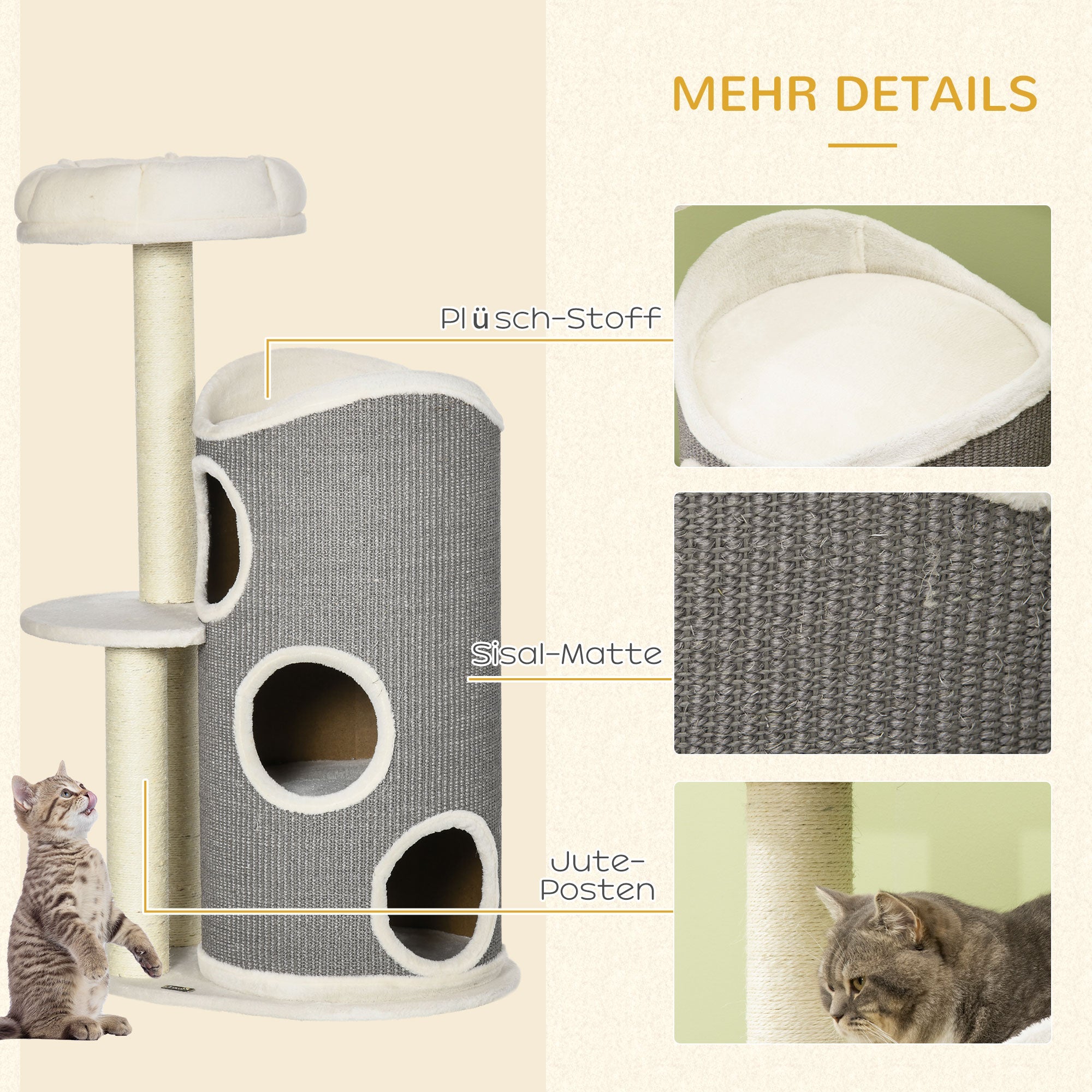 Logidon Krabpaal 109 cm Wit Grijs met Krabton en Kattenmand
