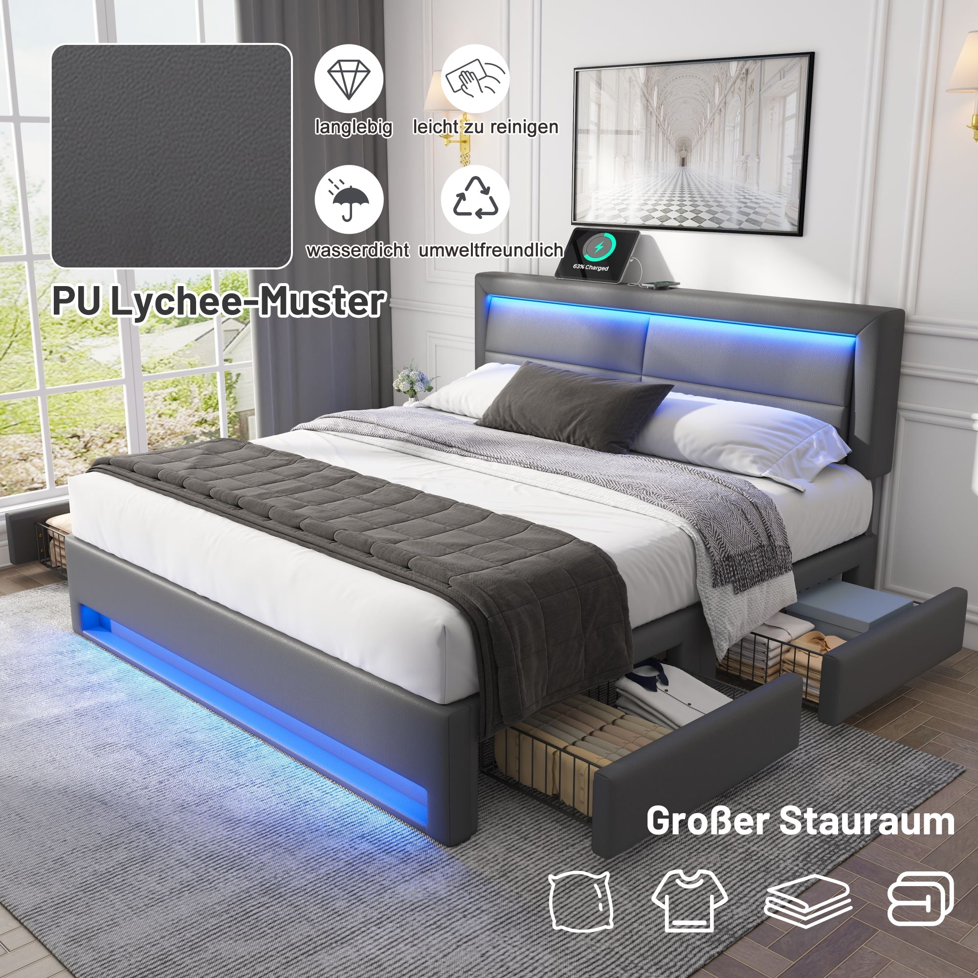 Logidon Bedframe grijs gewatteerd 140x190 USB LED 4 lades