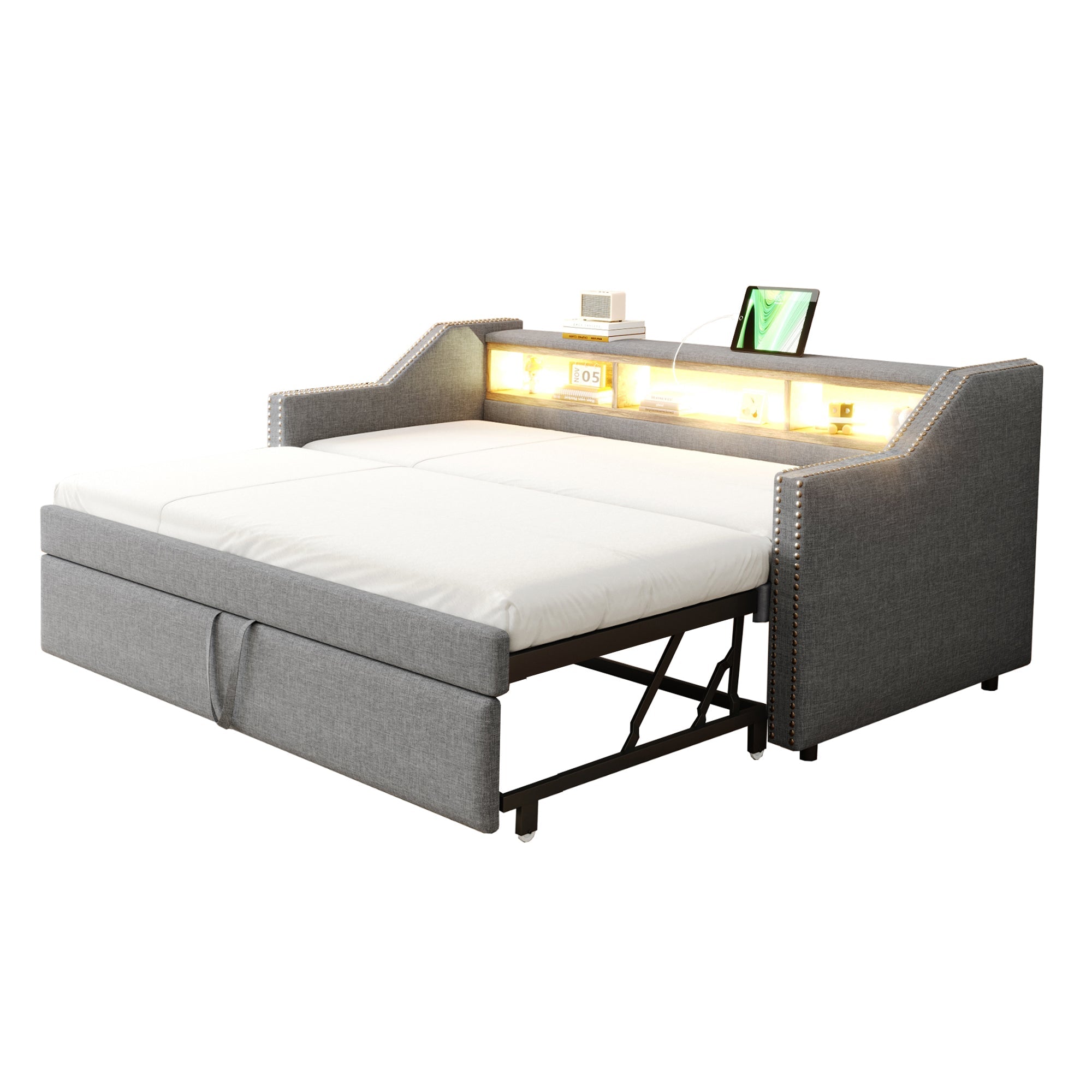Logidon gestoffeerd bed slaapbank 90/180 x 190 cm lichtgrijs opbergvak