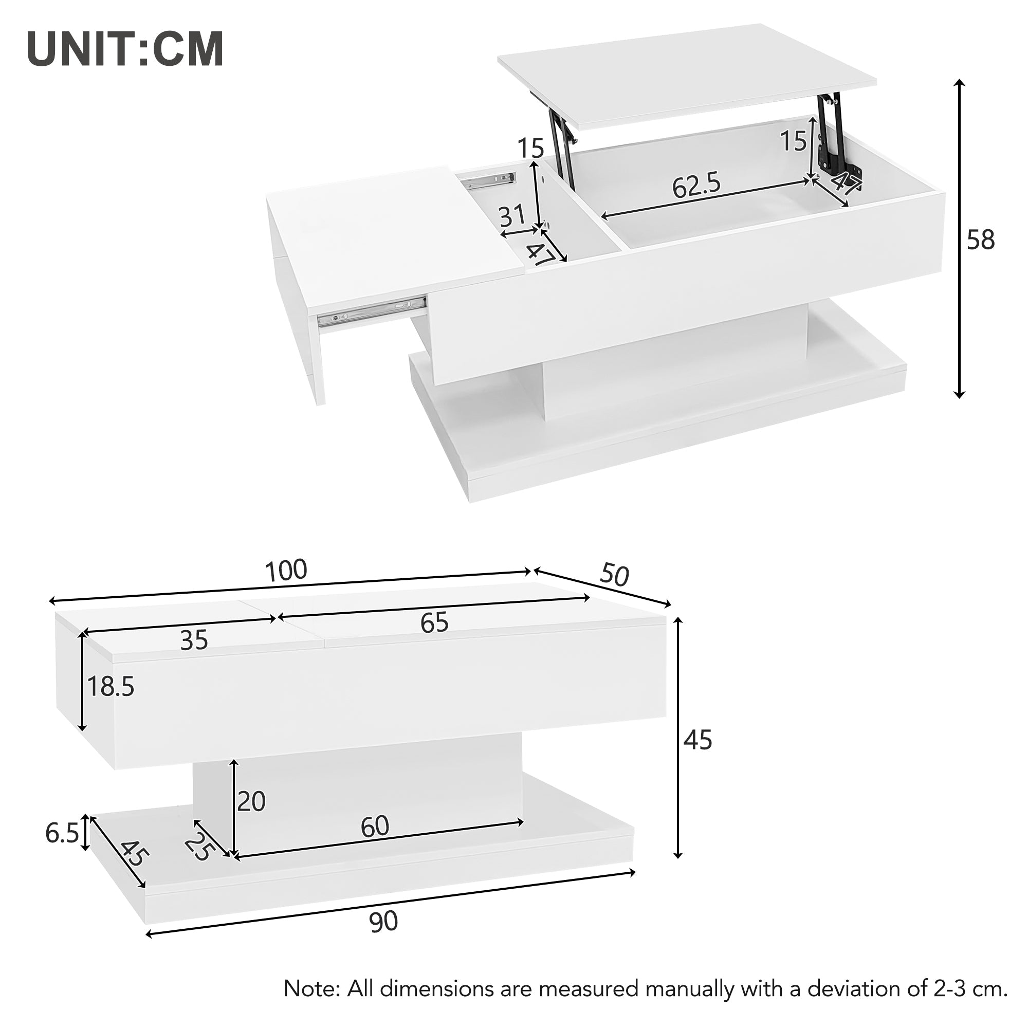 Logidon witte heftafel 100x50x45 met LED verlichting hydraulisch