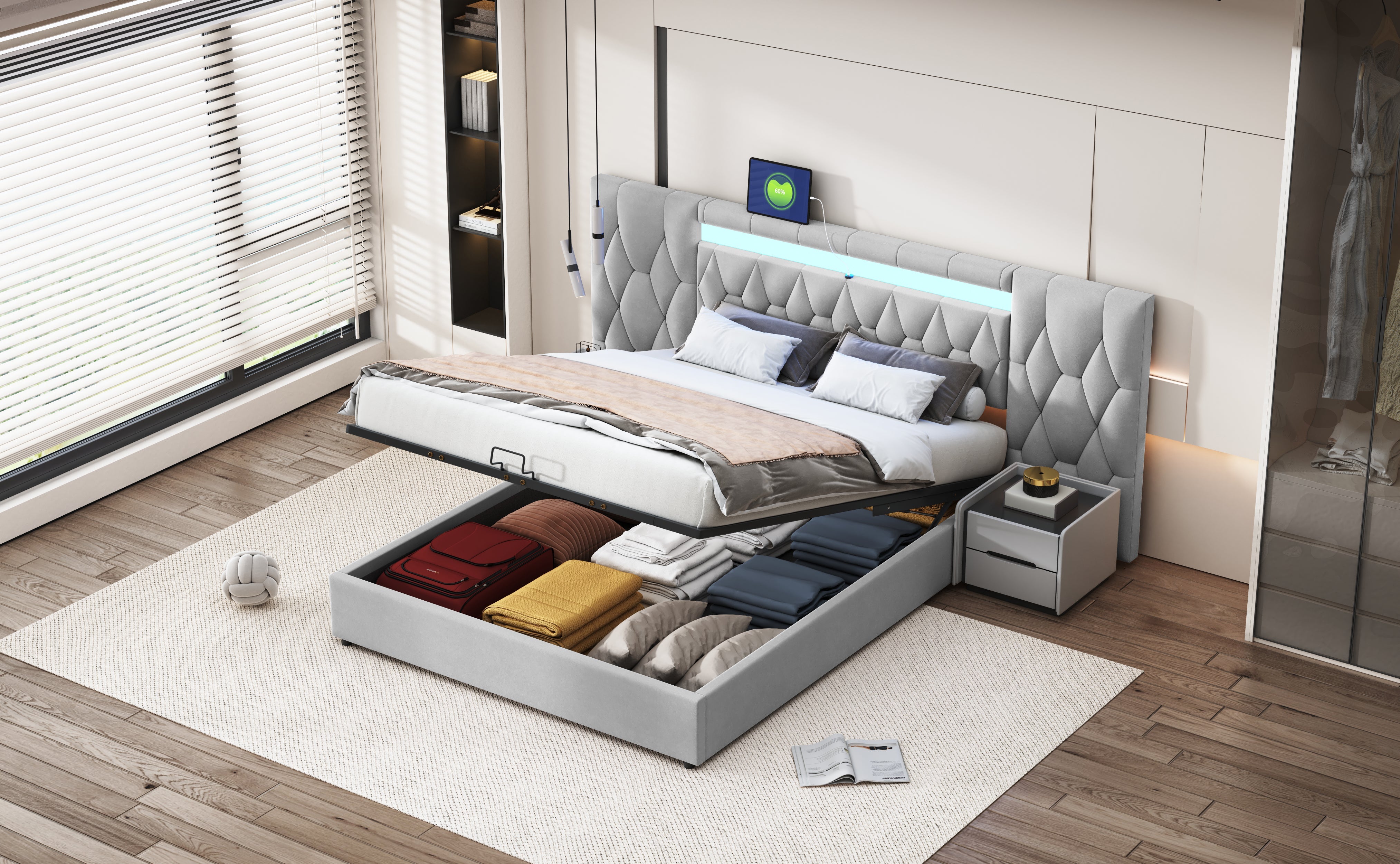 Logidon Elegant gestoffeerd bed 160x200 grijs met LED en USB opbergruimte