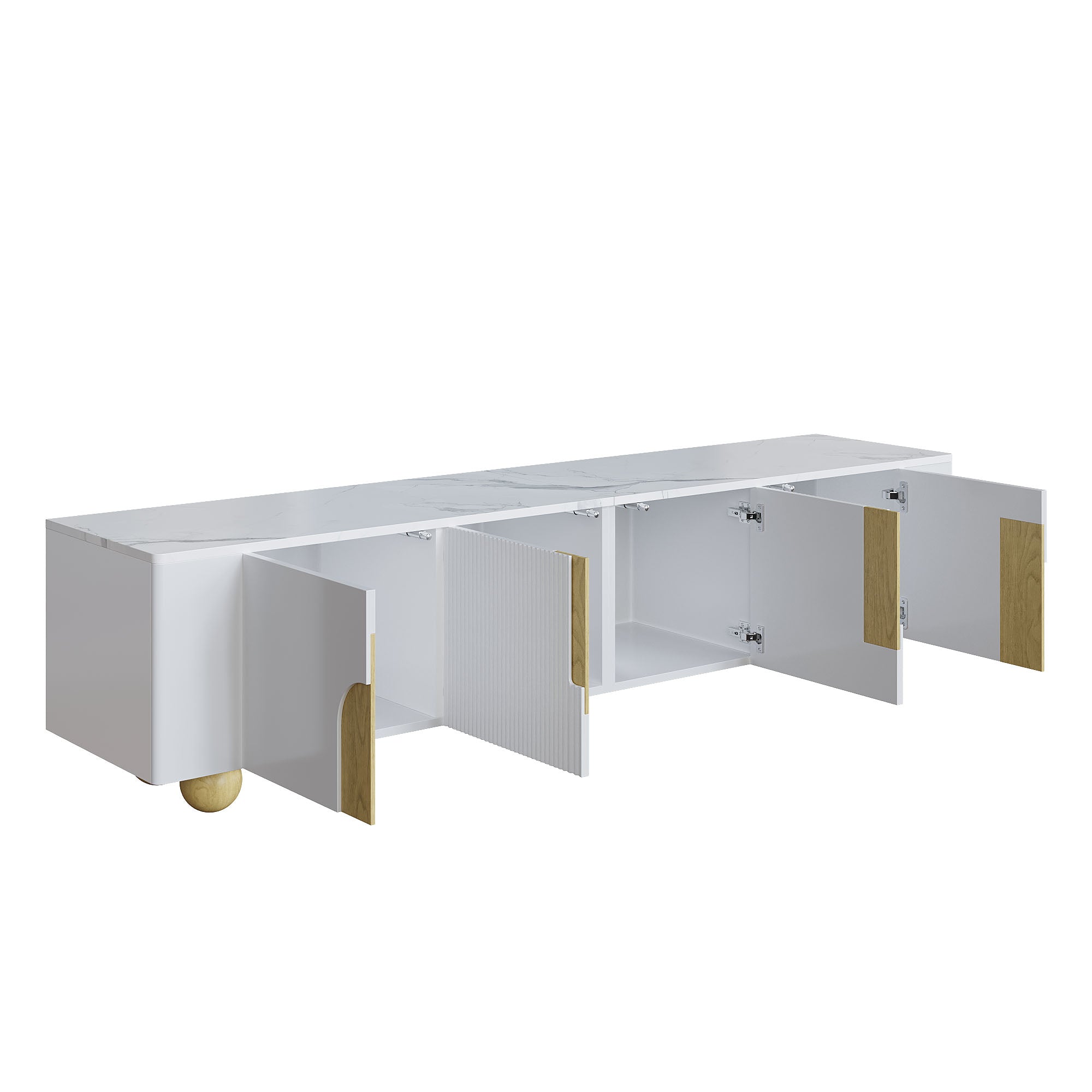 Logidon Wit TV-meubel 180 cm - 4 deuren, marmerlook, houten poten