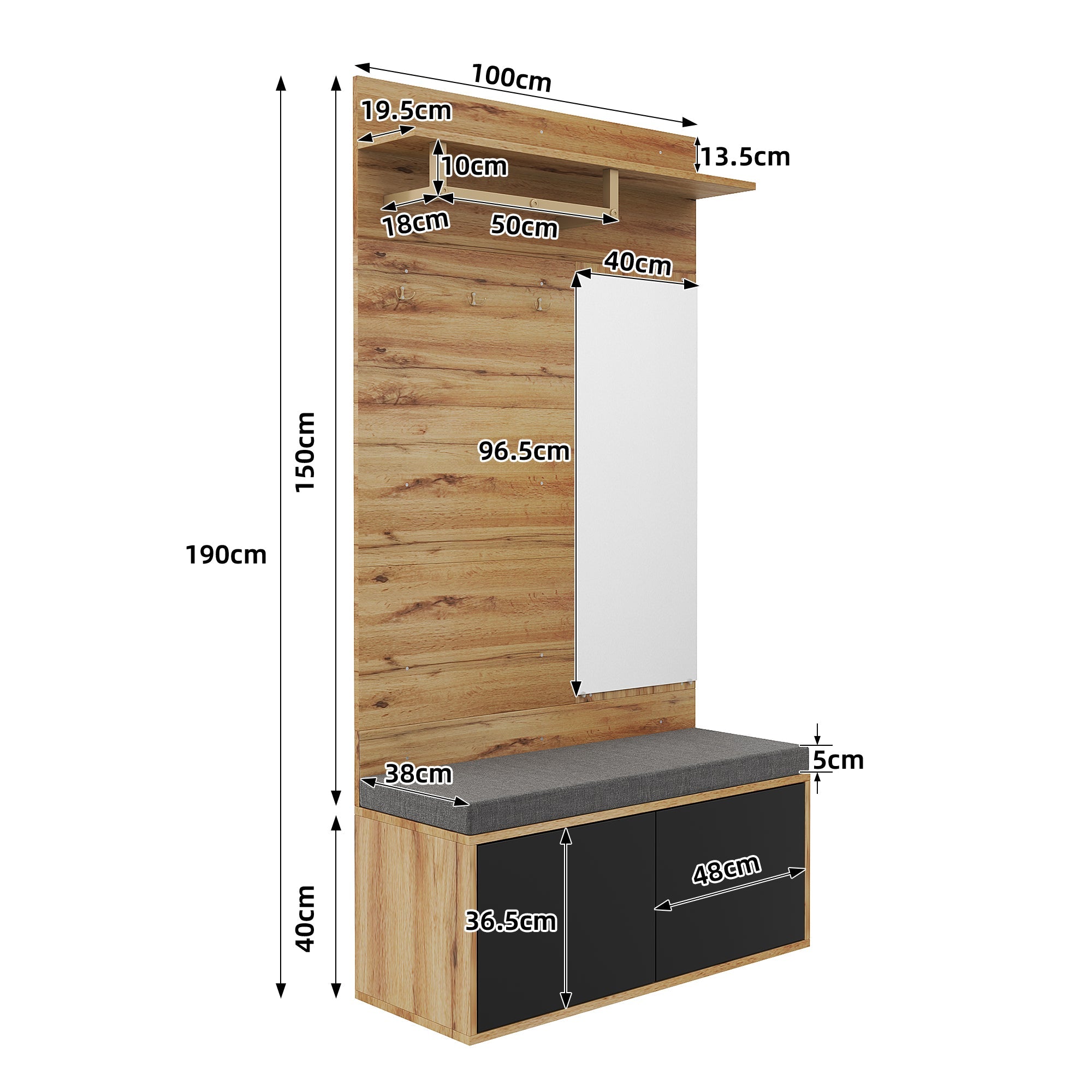 Logidon Kledingkastset Compacte kledingkast met spiegel Zwart 100x38x190