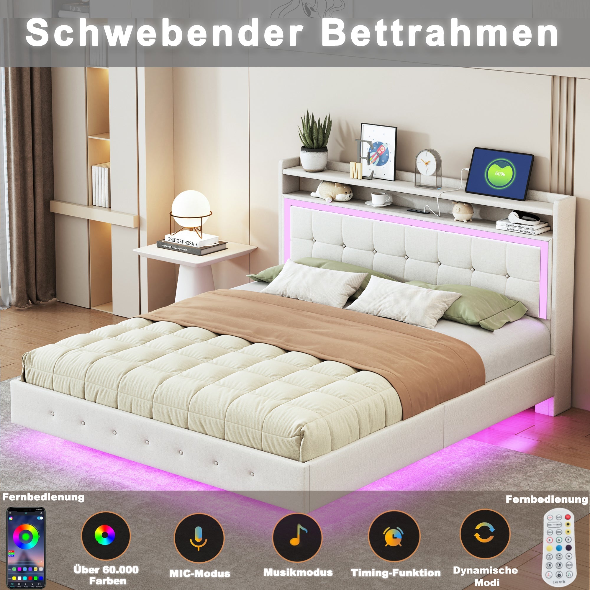 Logidon gestoffeerd bed 160x200 beige met USB-aansluiting en LED-verlichting