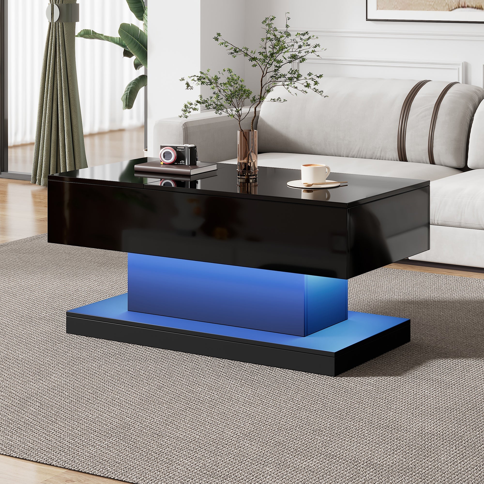 Logidon hoogglans liftsalontafel zwart 100x50x45 cm LED-verlichting