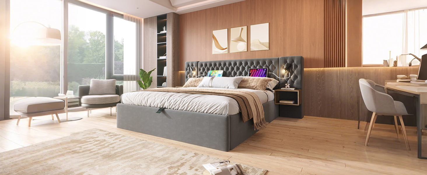 Logidon bed system hydraulic storage bed 160x200 cm gray velvet